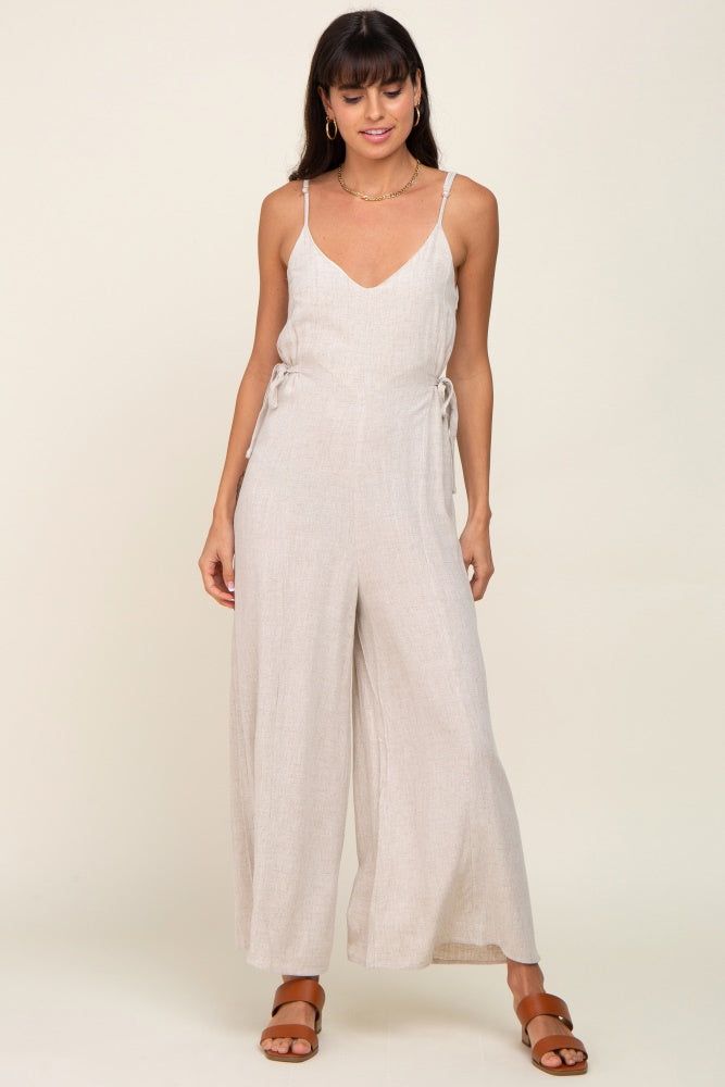 Beige Linen Criss Cross Back Side Tie Wide Leg Jumpsuit sold by Pinkblush product image thumbnail 2