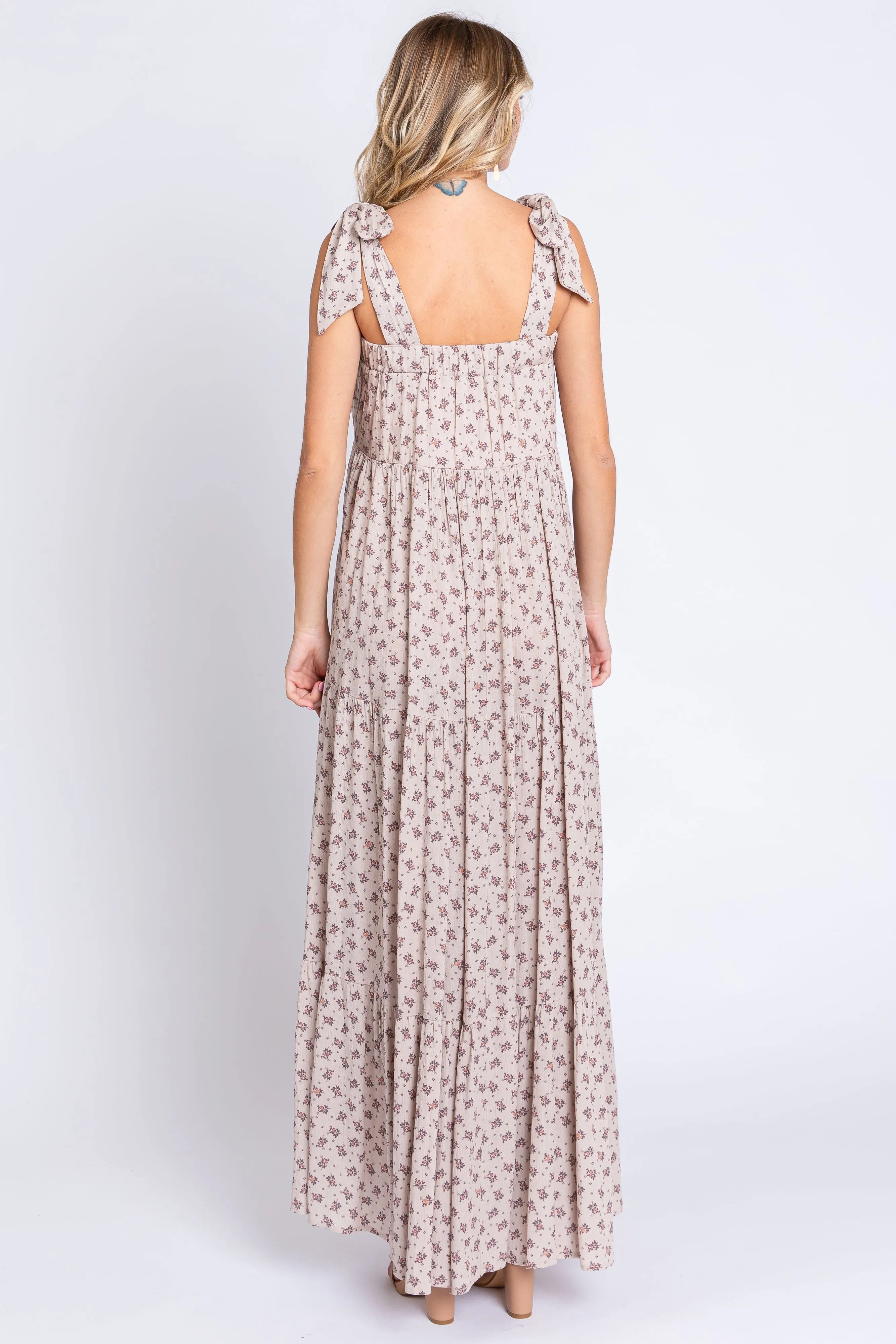 Taupe Floral Shoulder Tie Maxi Dress sold by Pinkblush product image thumbnail 3