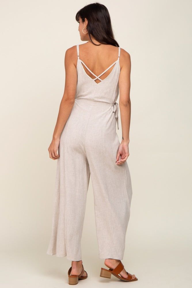 Beige Linen Criss Cross Back Side Tie Wide Leg Jumpsuit sold by Pinkblush product image thumbnail 3
