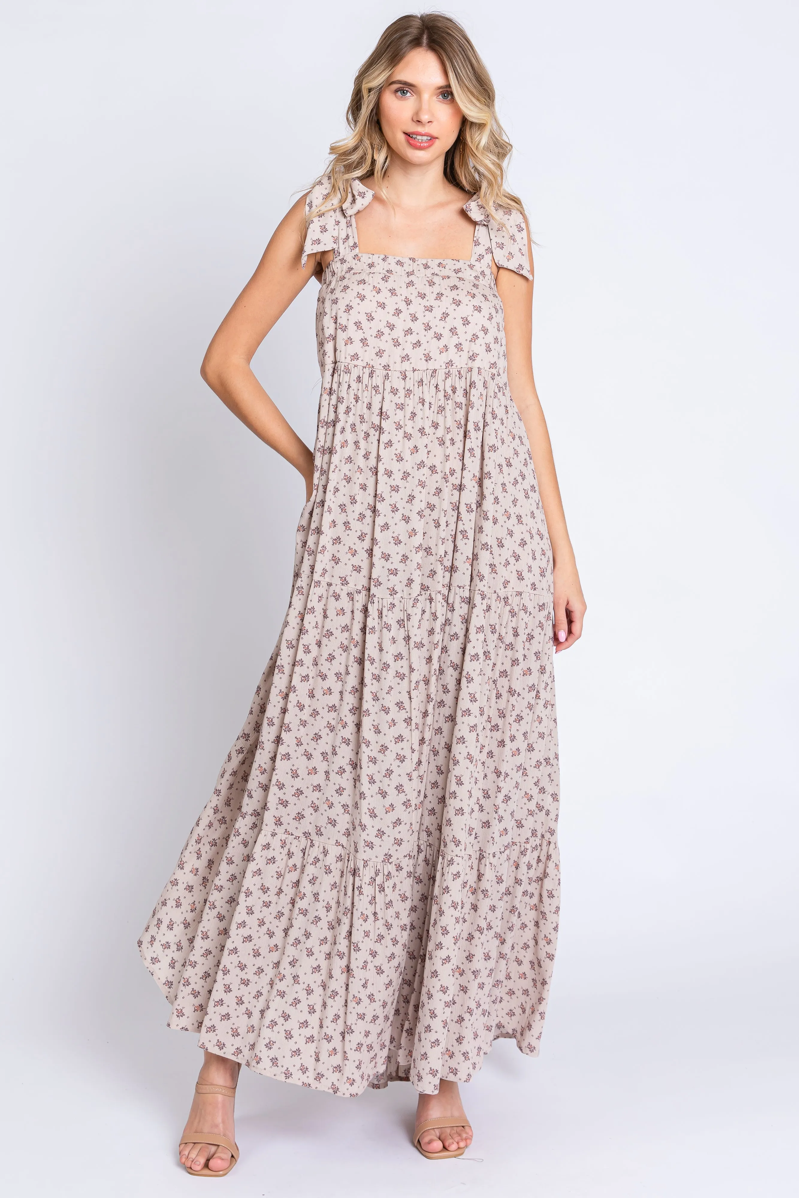 Taupe Floral Shoulder Tie Maxi Dress sold by Pinkblush