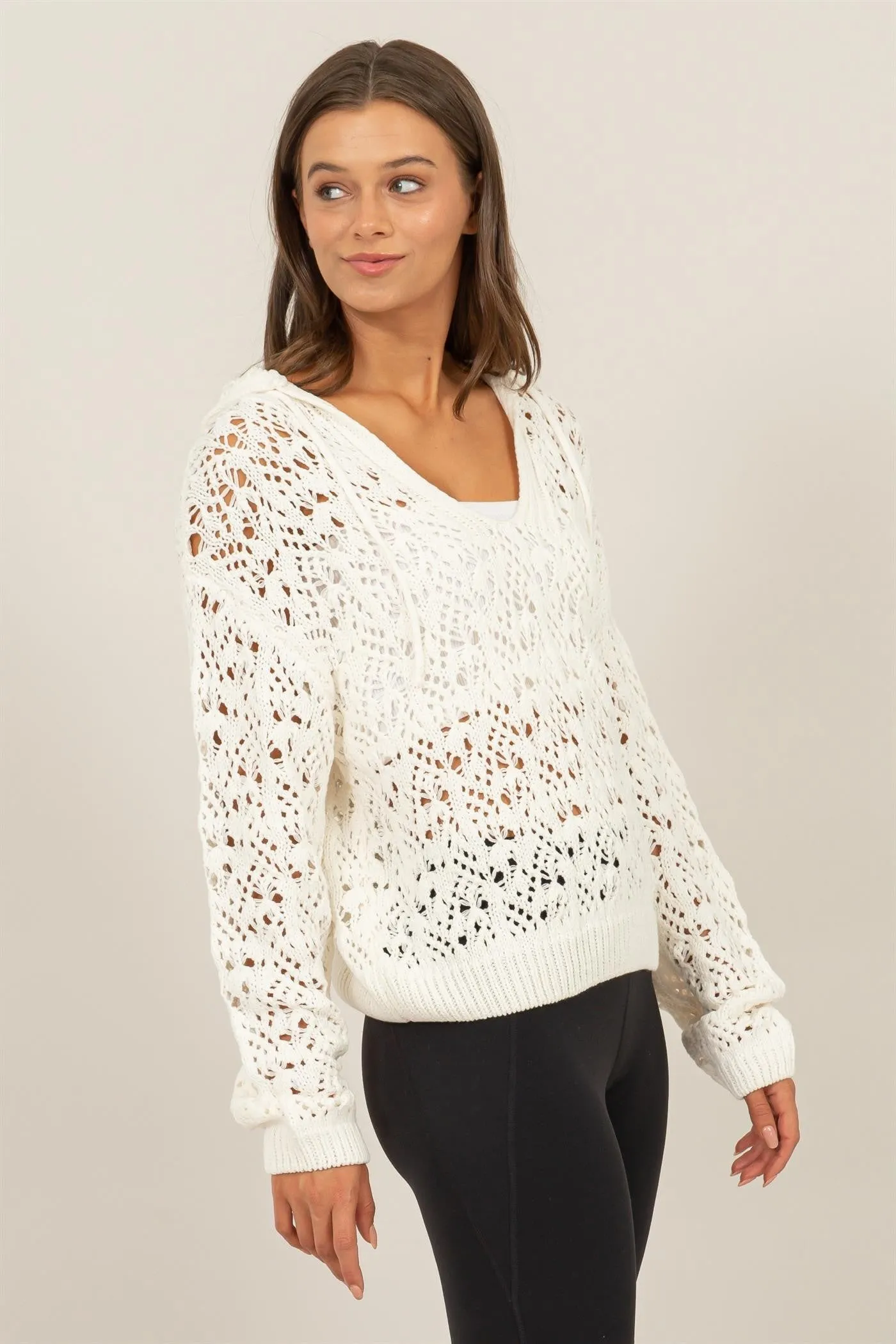 Cream Open-Stitch Hoodie Crochet Sweater sold by Pinkblush product image thumbnail 3