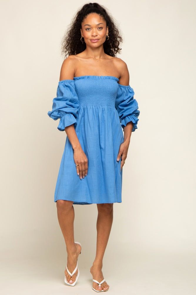 Blue Smocked Off Shoulder Long Sleeve Dress sold by Pinkblush product image thumbnail 5