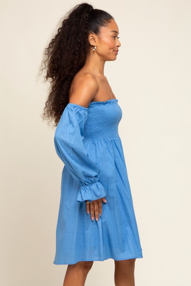 Blue Smocked Off Shoulder Long Sleeve Dress sold by Pinkblush product image thumbnail 2