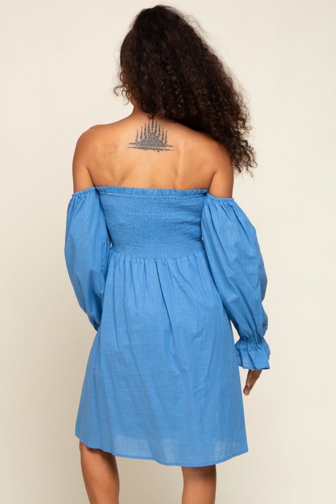 Blue Smocked Off Shoulder Long Sleeve Dress sold by Pinkblush product image thumbnail 3