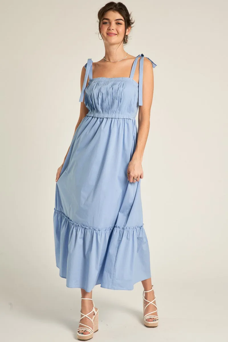 Light Blue Pleated Shoulder Tie Midi Dress sold by Pinkblush