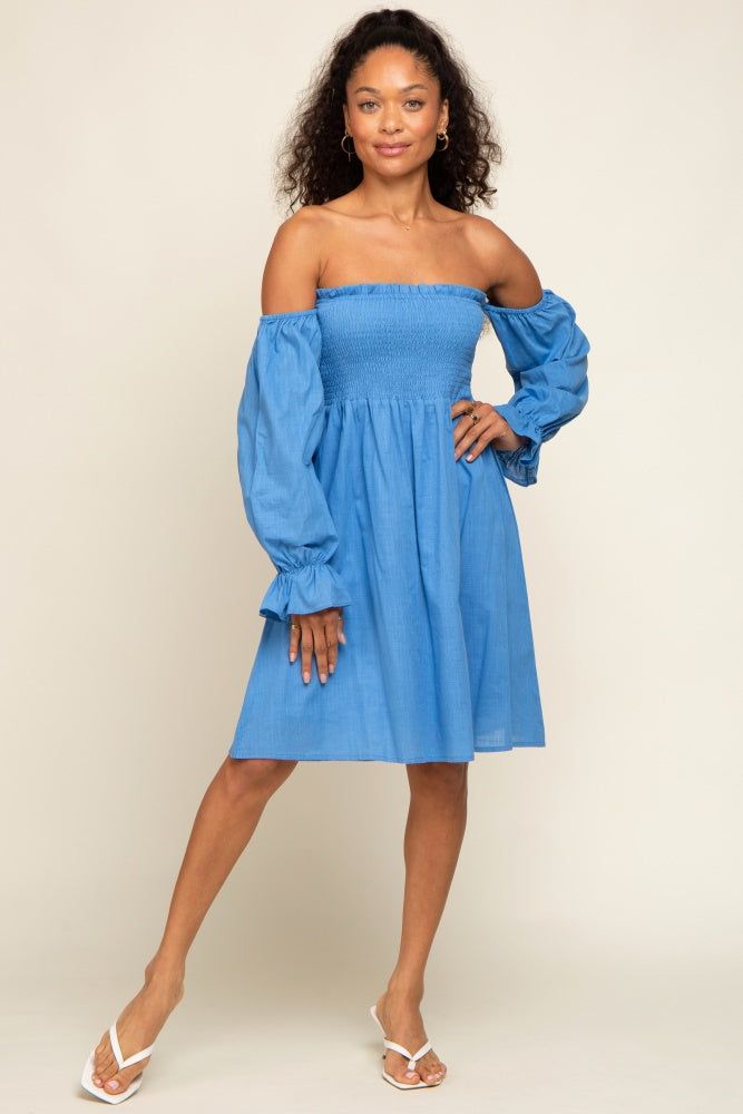 Blue Smocked Off Shoulder Long Sleeve Dress sold by Pinkblush product image thumbnail 4