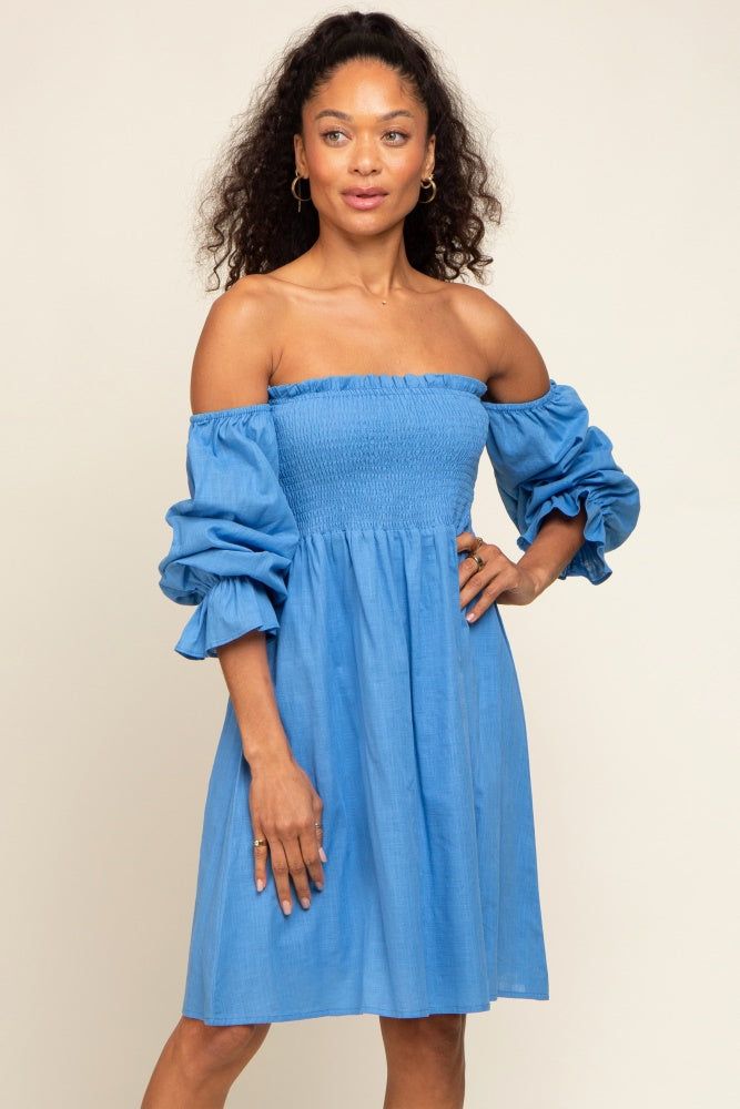 Blue Smocked Off Shoulder Long Sleeve Dress sold by Pinkblush