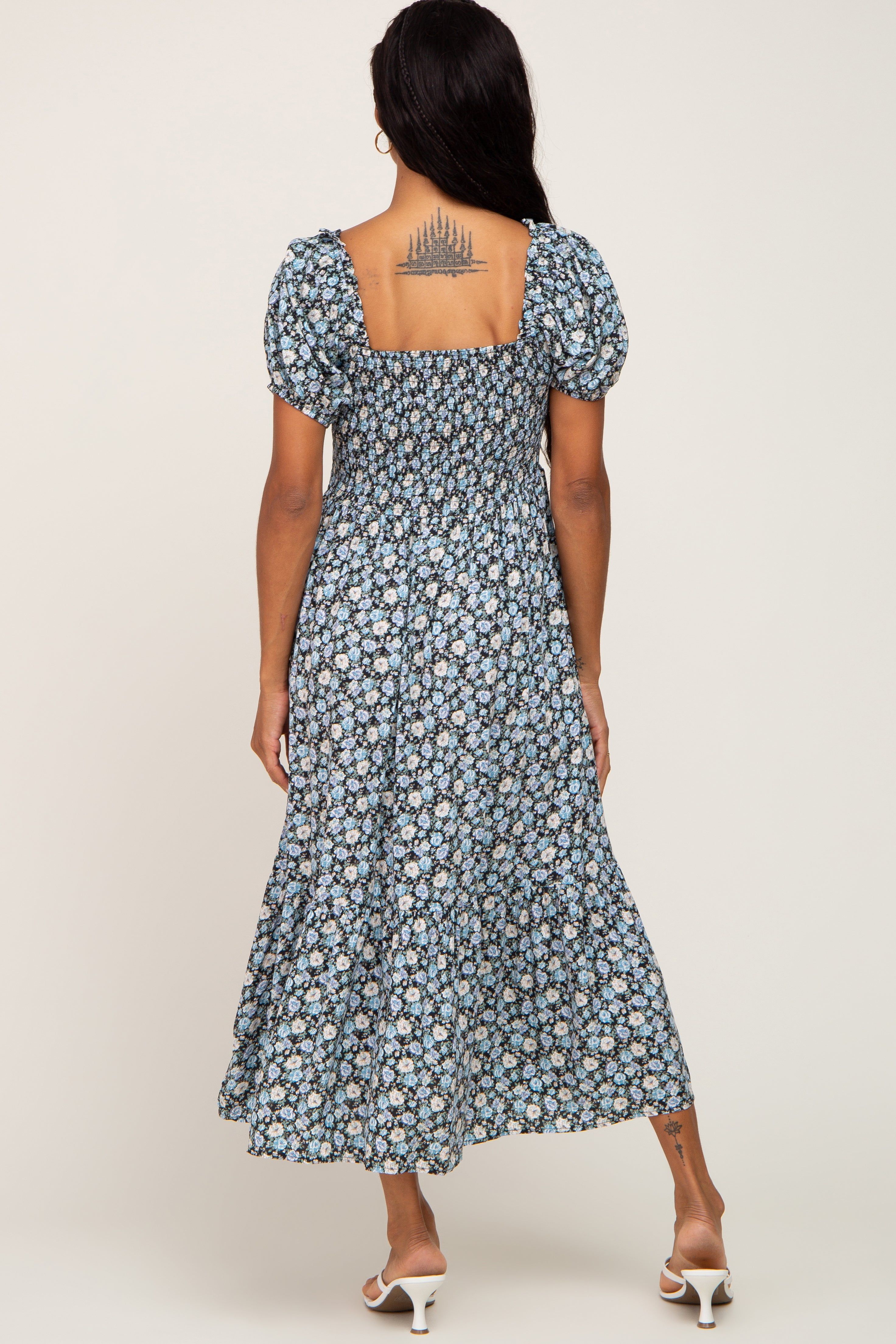 Black Floral Smocked Puff Sleeve Midi Dress sold by Pinkblush product image thumbnail 3