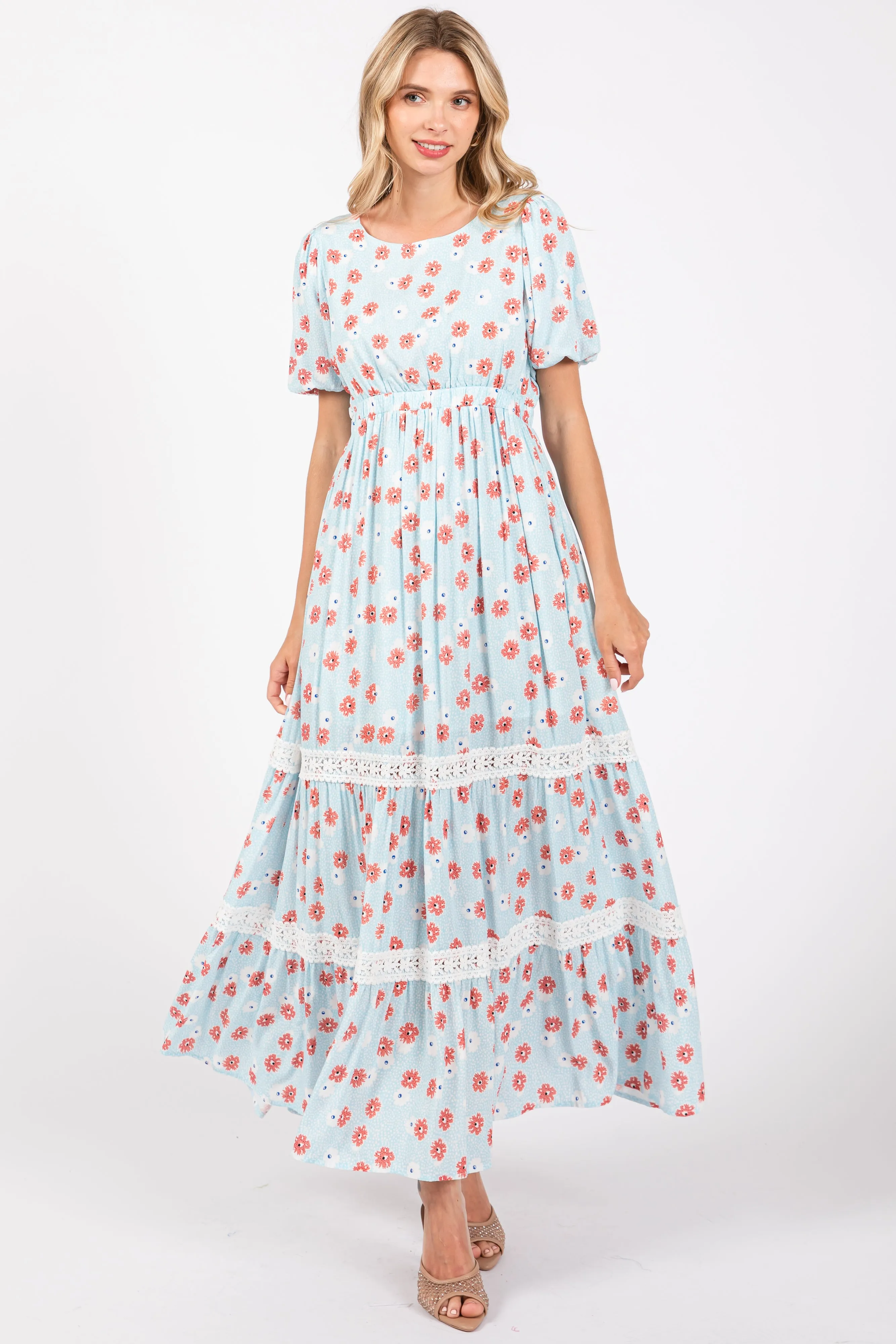 Light Blue Floral Lace Trim Maxi Dress sold by Pinkblush