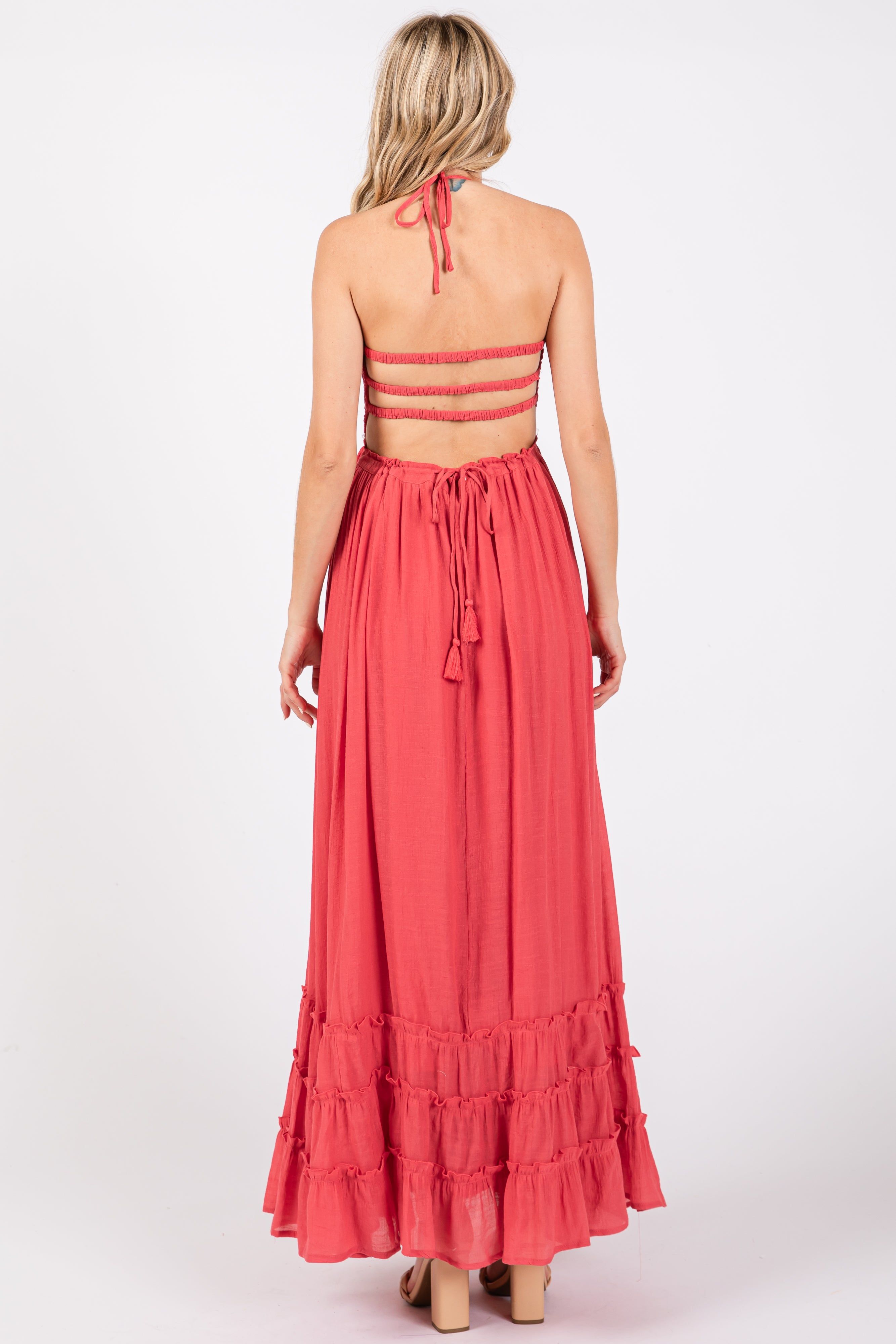 Coral Smocked Halter Cutout Maxi Dress sold by Pinkblush product image thumbnail 3