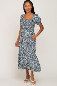 Black Floral Smocked Puff Sleeve Midi Dress sold by Pinkblush
