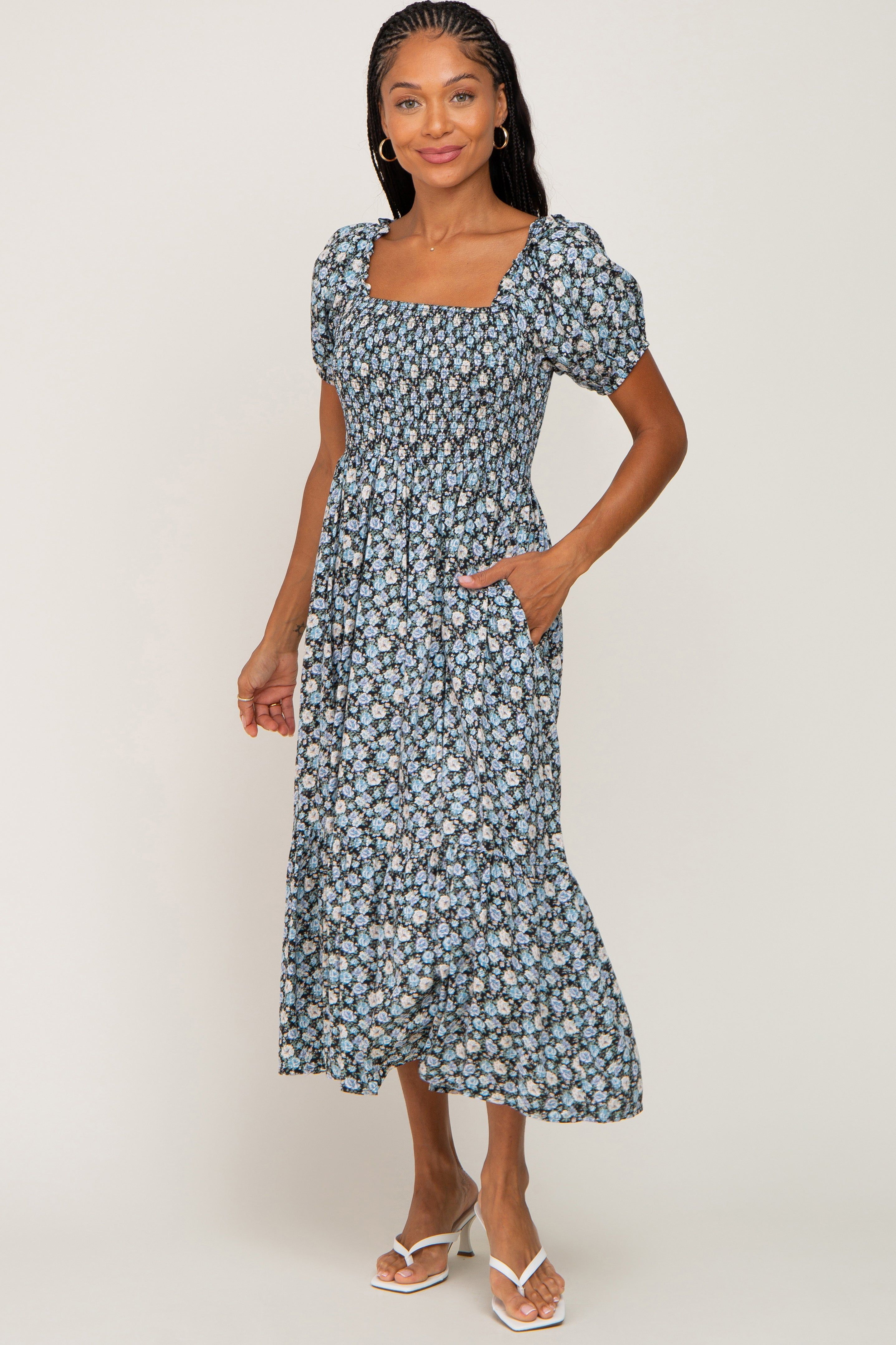 Black Floral Smocked Puff Sleeve Midi Dress sold by Pinkblush