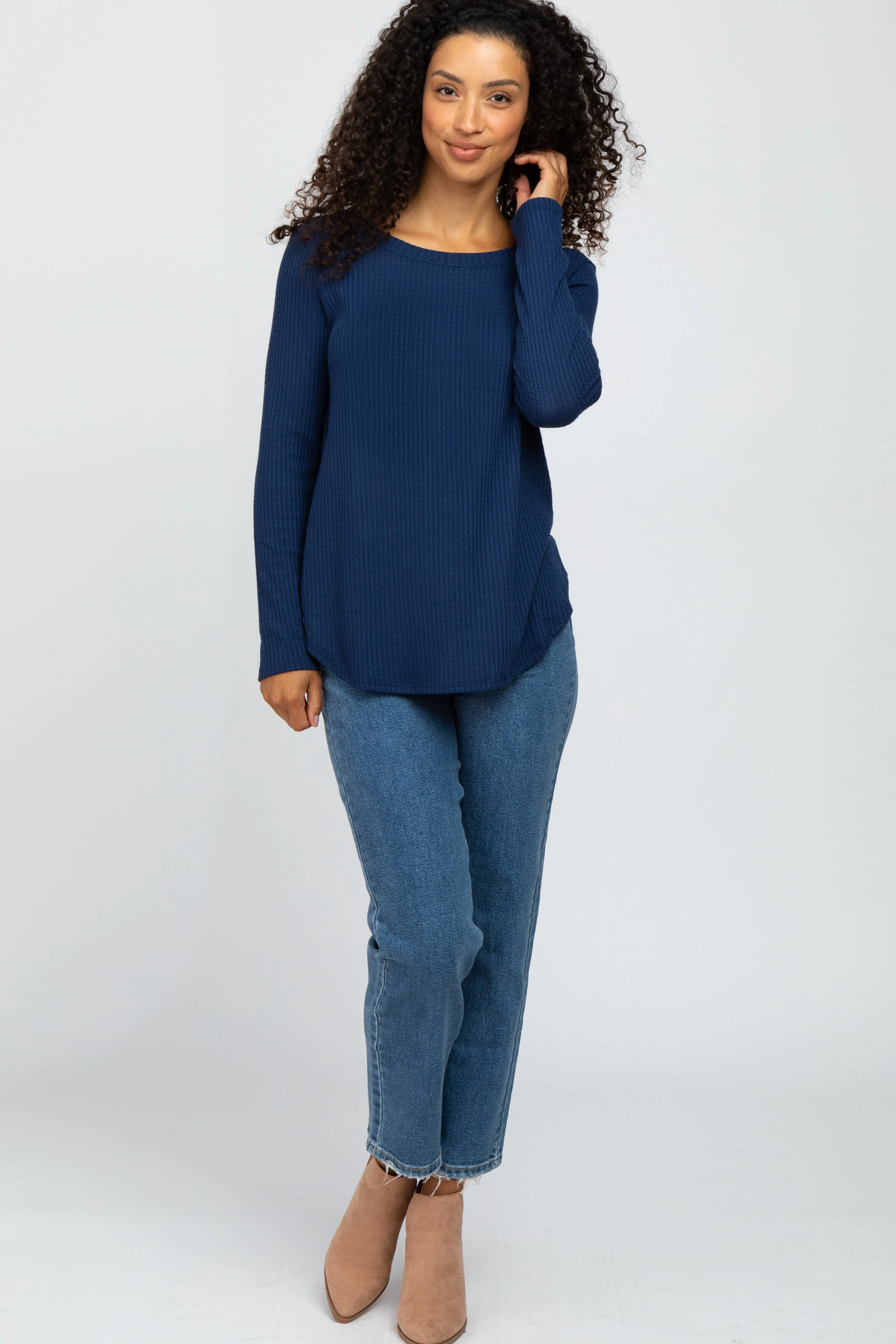 Navy Blue Basic Waffle Knit Long Sleeve Top sold by Pinkblush product image thumbnail 4