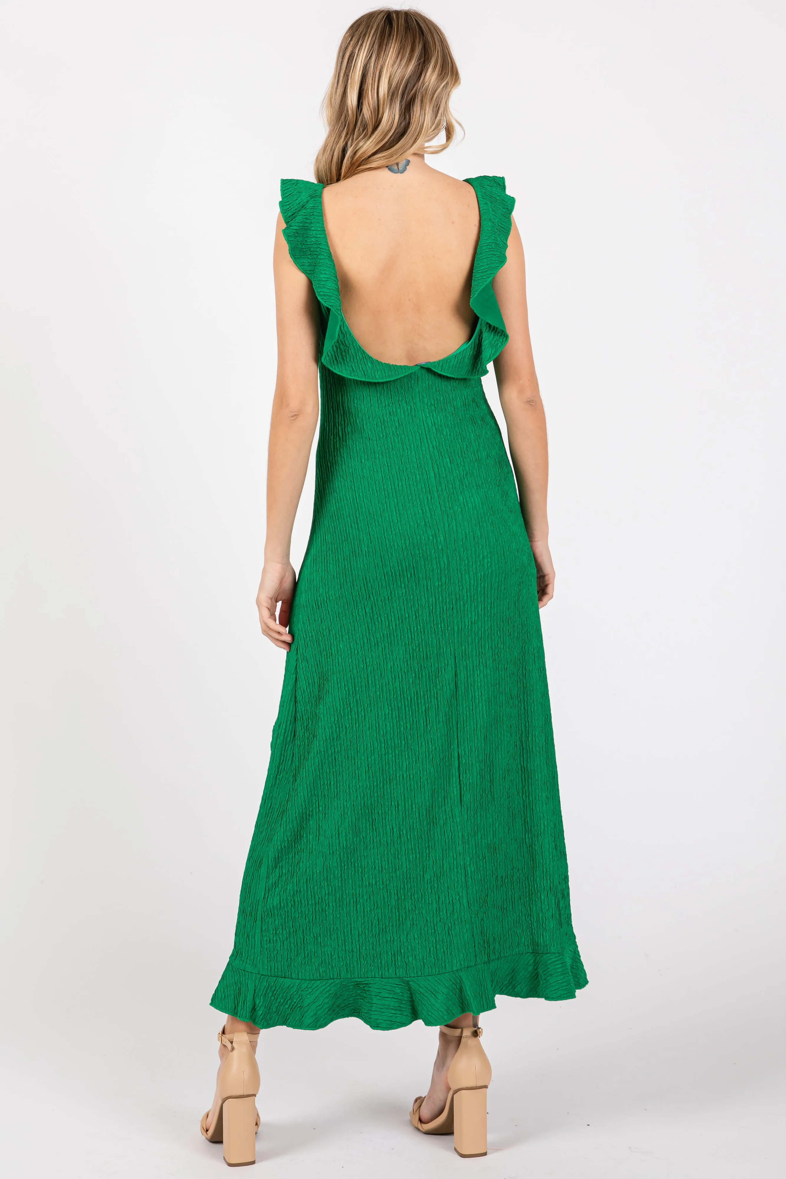 Green Textured Sleeveless Ruffle Slit Maxi Dress sold by Pinkblush product image thumbnail 3