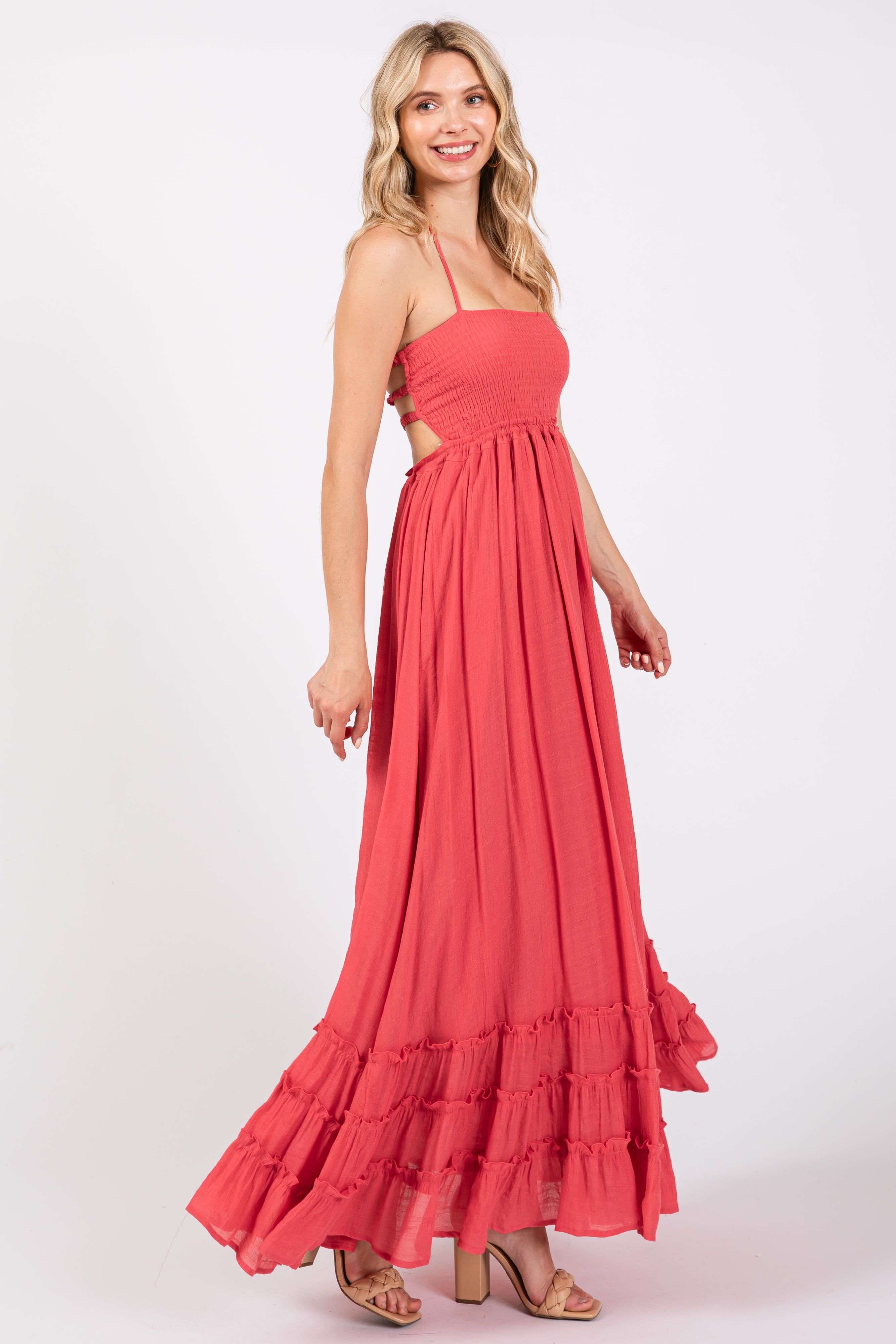 Coral Smocked Halter Cutout Maxi Dress sold by Pinkblush product image thumbnail 2