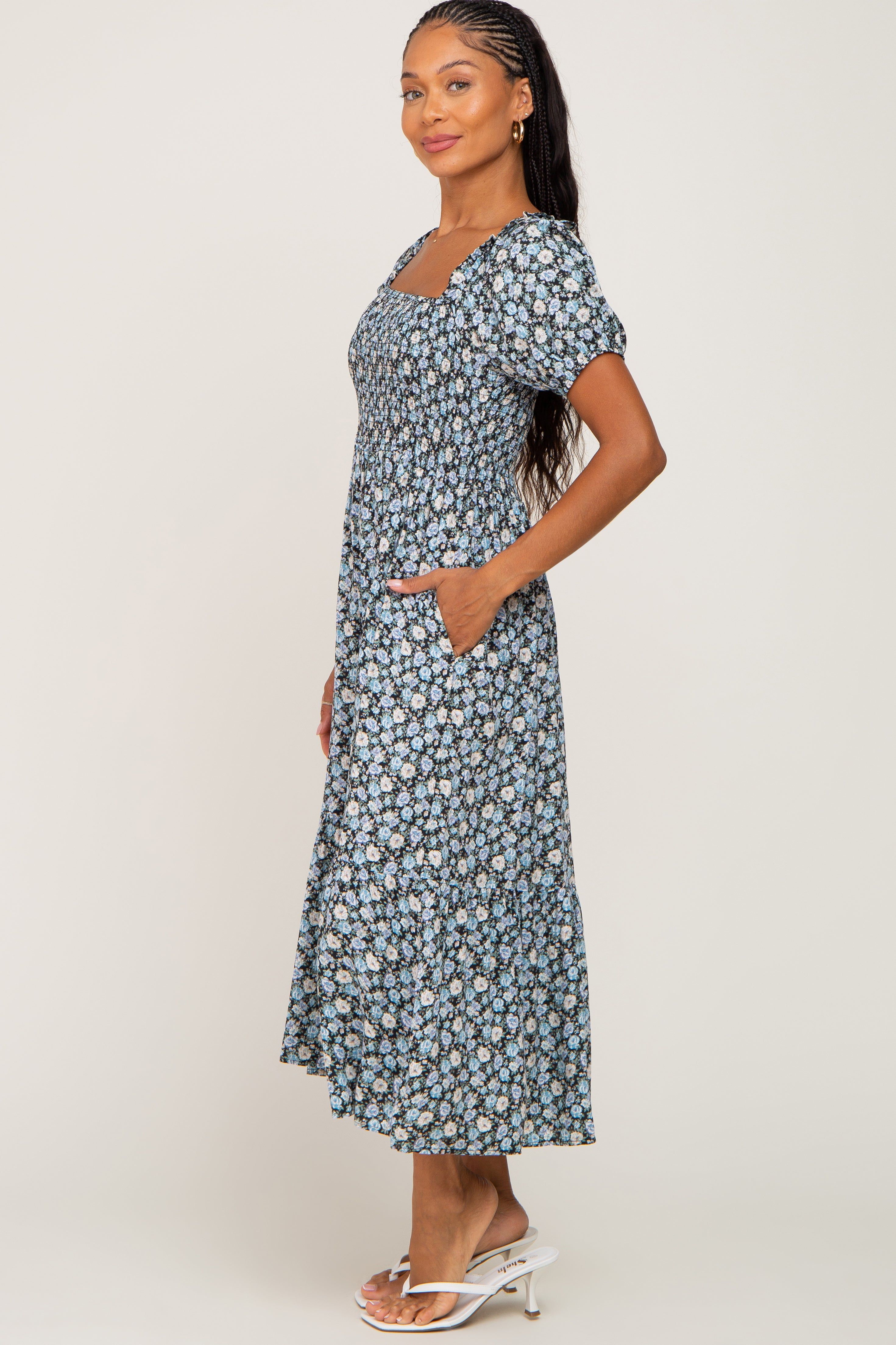 Black Floral Smocked Puff Sleeve Midi Dress sold by Pinkblush product image thumbnail 2