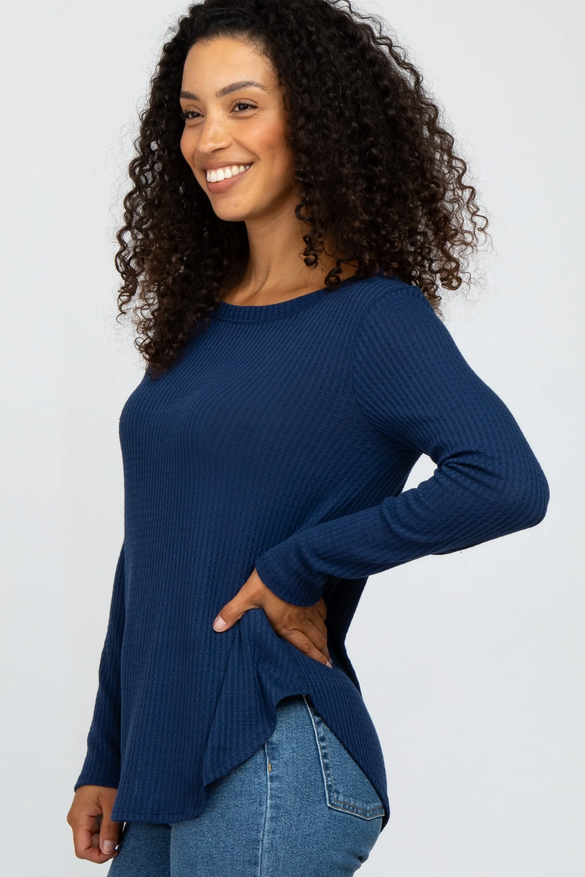 Navy Blue Basic Waffle Knit Long Sleeve Top sold by Pinkblush product image thumbnail 2