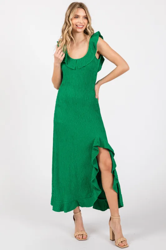 Green Textured Sleeveless Ruffle Slit Maxi Dress sold by Pinkblush