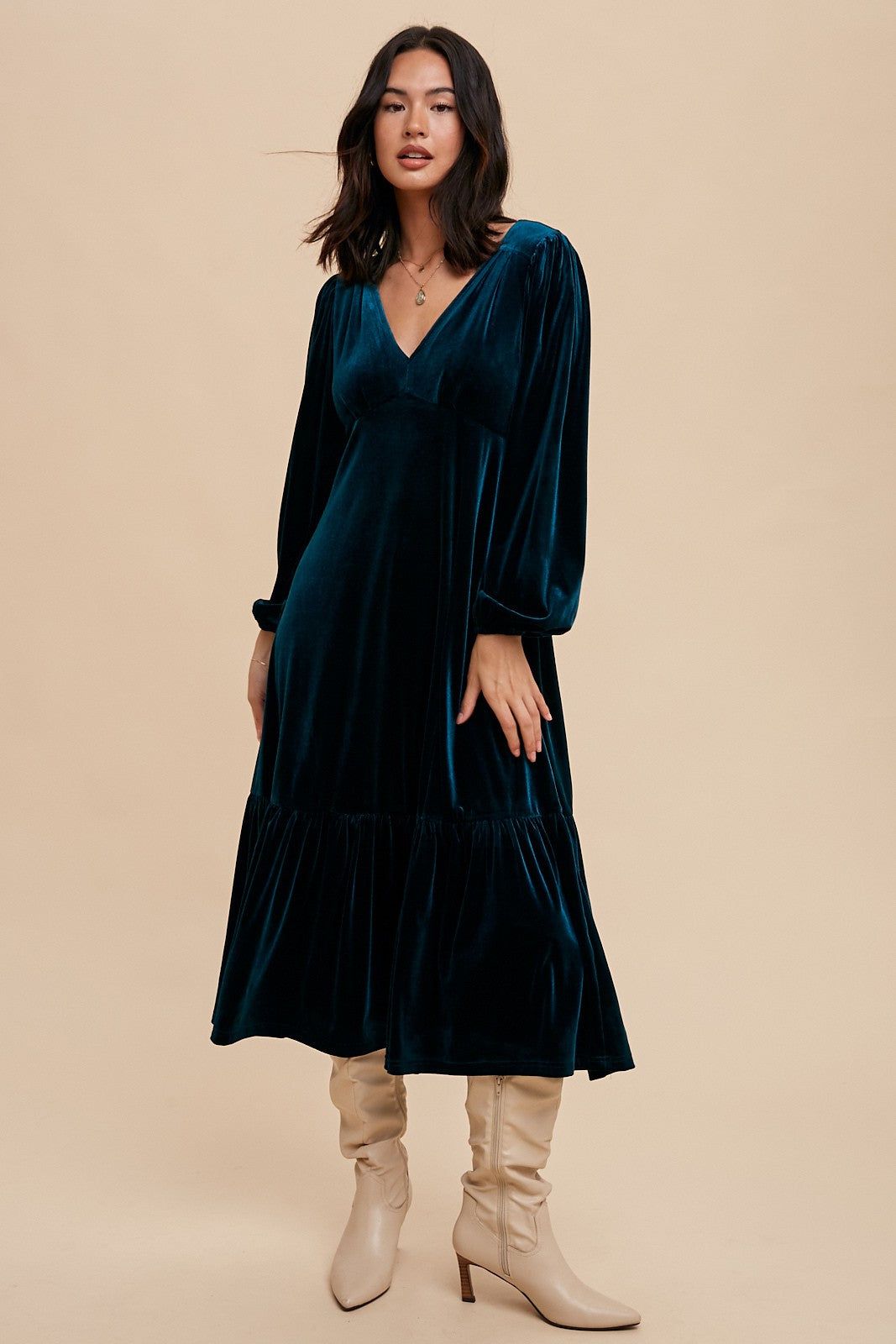 Emerald Green V-Neck Ruffle Hem Velvet Midi Dress sold by Pinkblush product image thumbnail 2