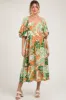 Orange Leaf Print Puff Sleeve Smocked Maternity Midi Dress sold by Pinkblush