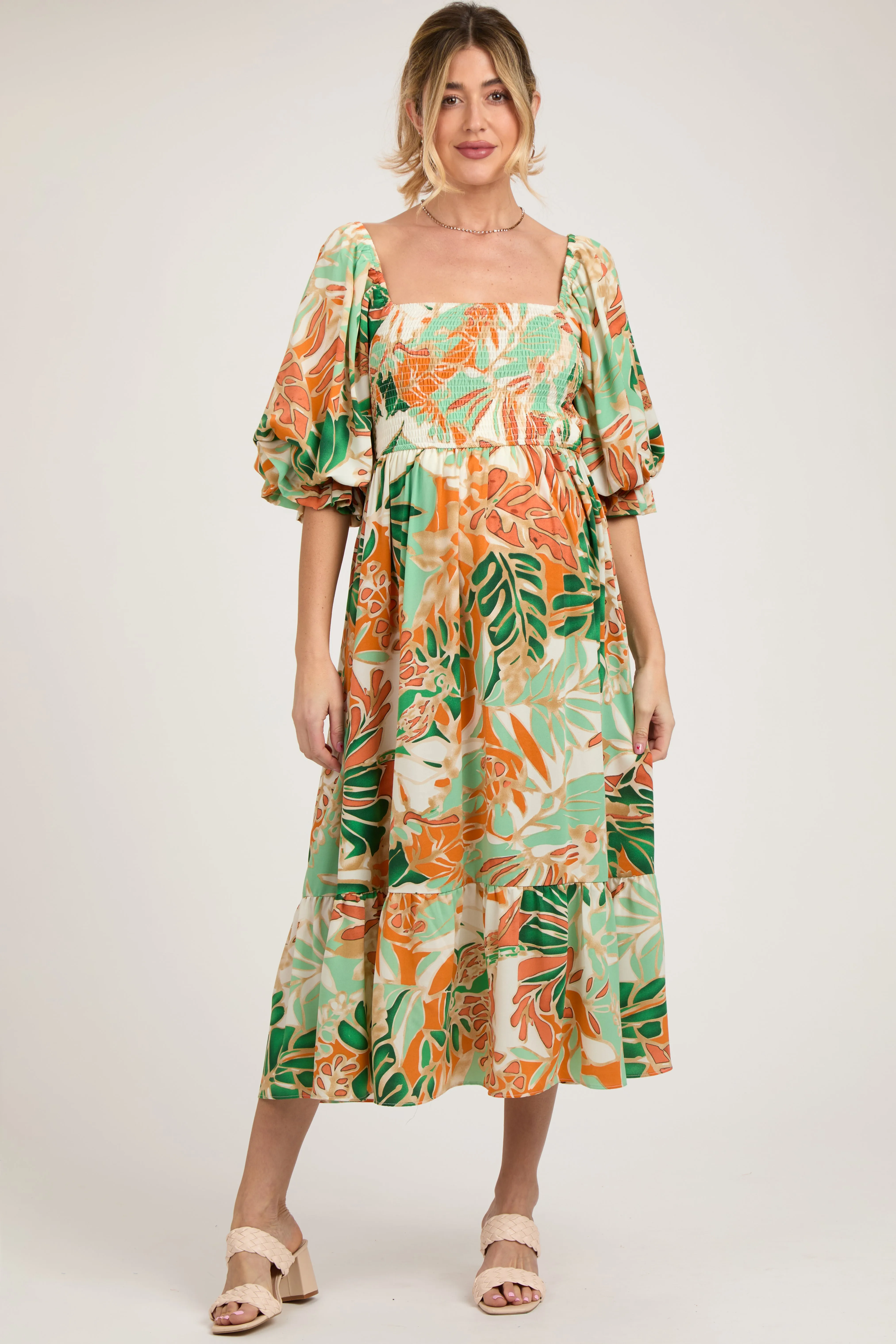Orange Leaf Print Puff Sleeve Smocked Maternity Midi Dress sold by Pinkblush product image thumbnail 2