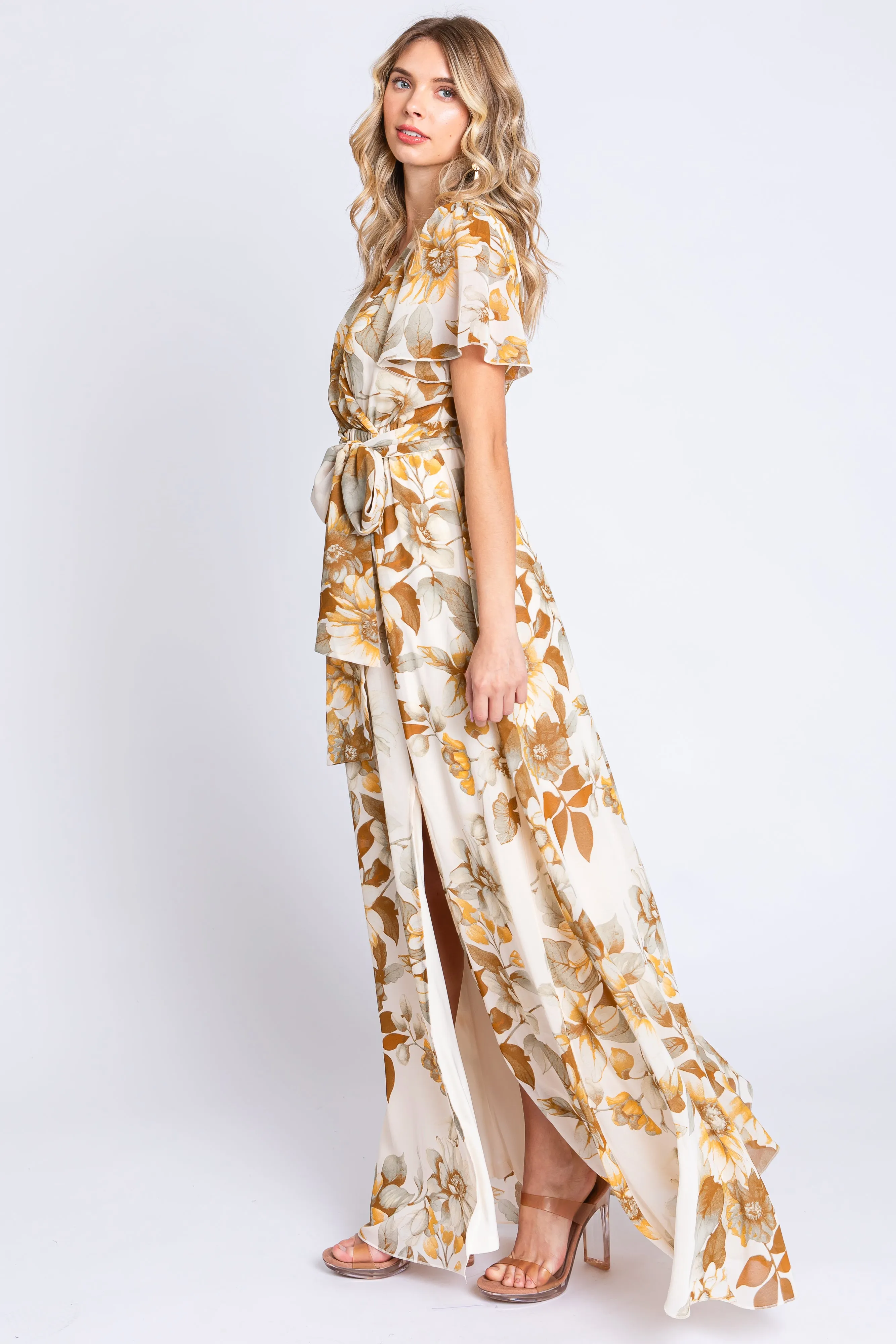 Cream Floral V-Neck Side Slit Dress sold by Pinkblush product image thumbnail 2