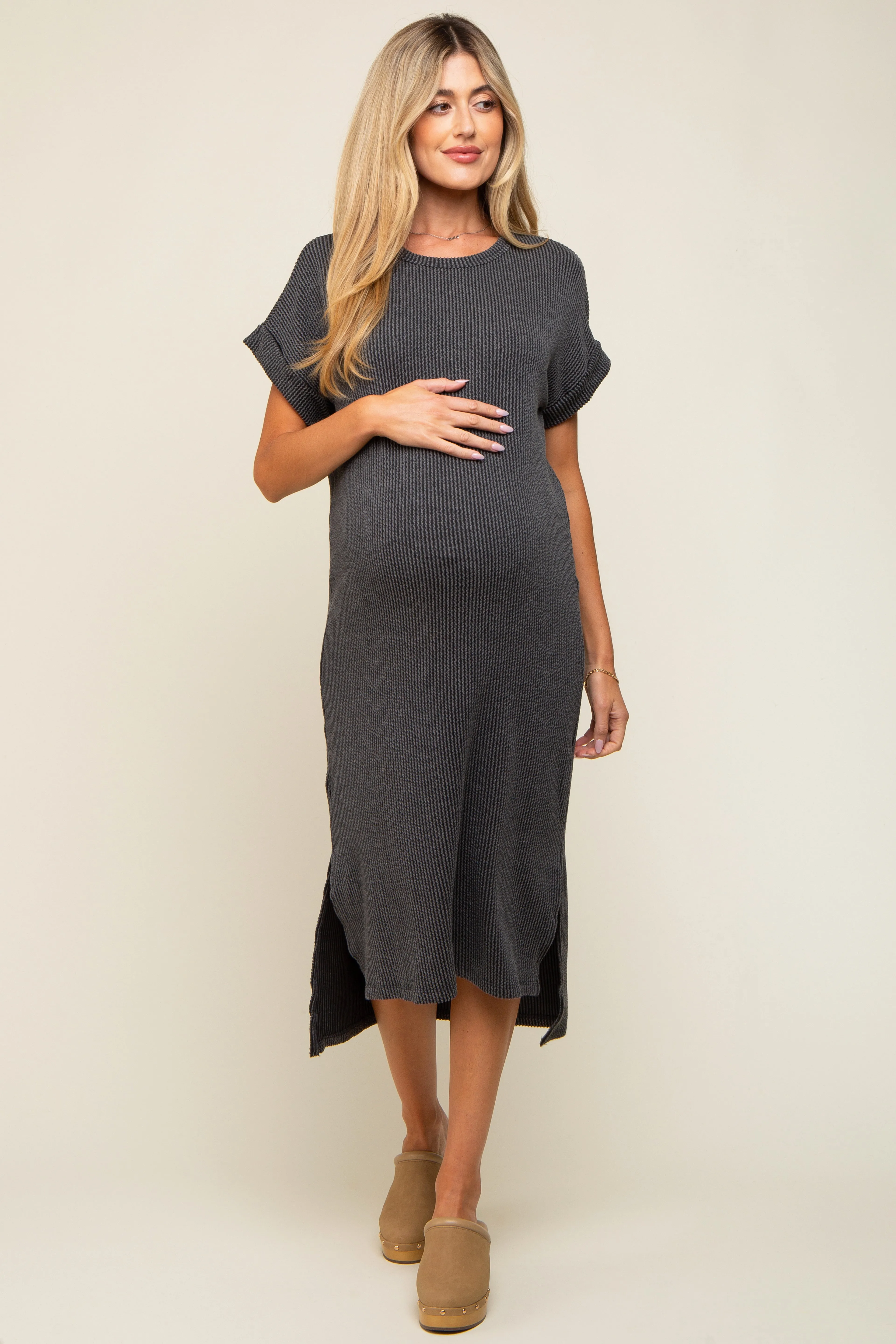 Charcoal Ribbed Short Sleeve Maternity Midi Dress sold by Pinkblush product image thumbnail 5