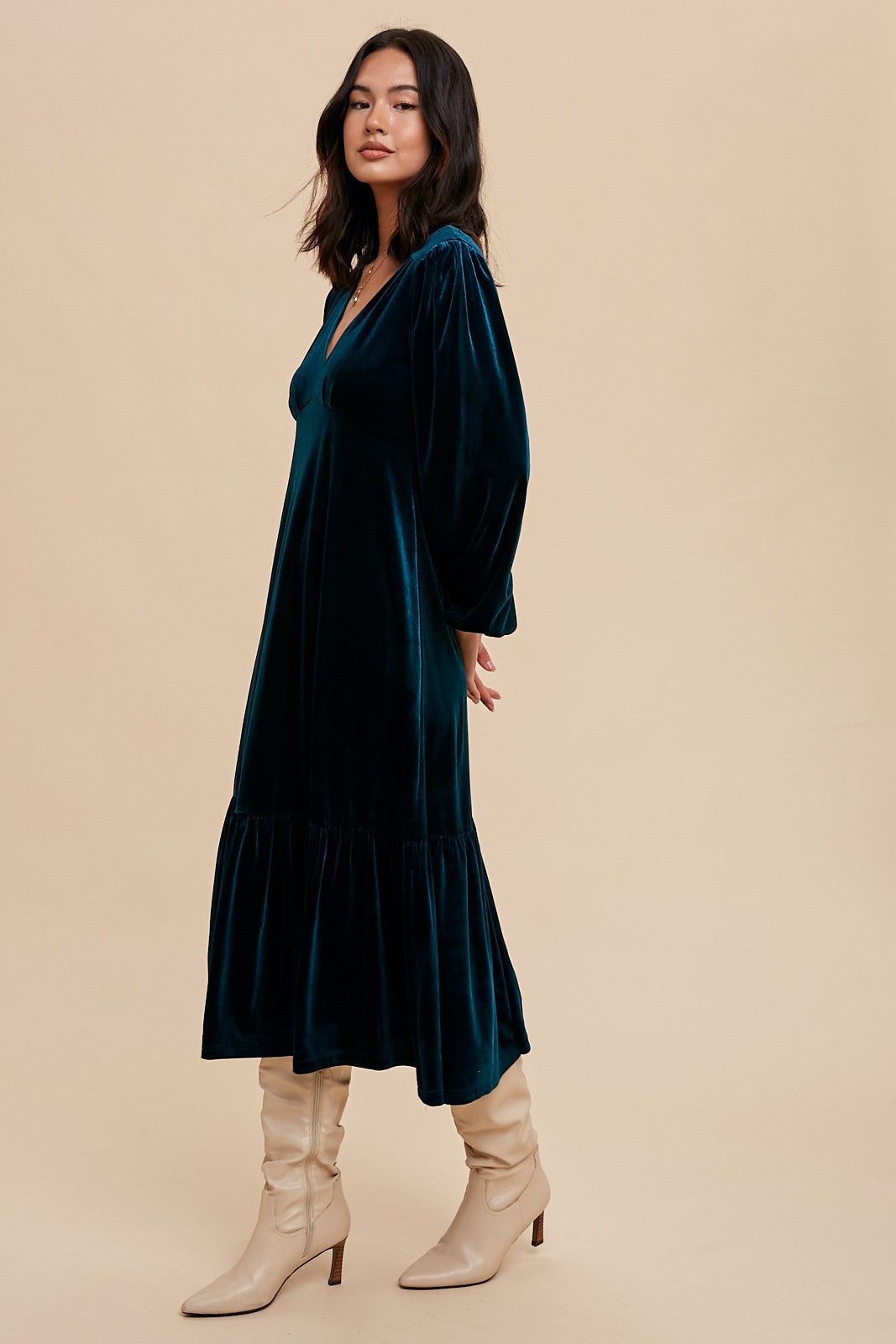 Emerald Green V-Neck Ruffle Hem Velvet Midi Dress sold by Pinkblush product image thumbnail 3