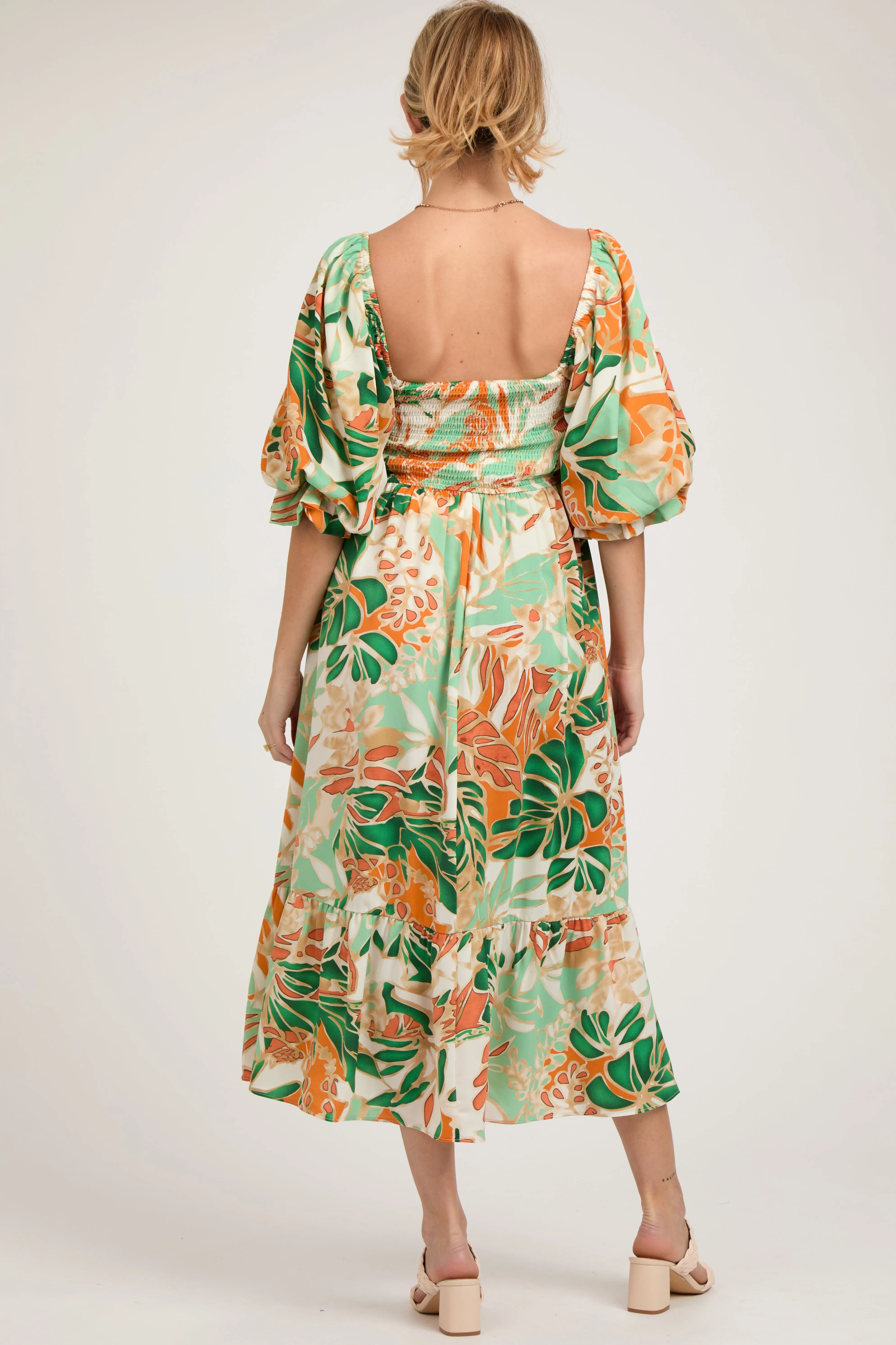 Orange Leaf Print Puff Sleeve Smocked Maternity Midi Dress sold by Pinkblush product image thumbnail 3