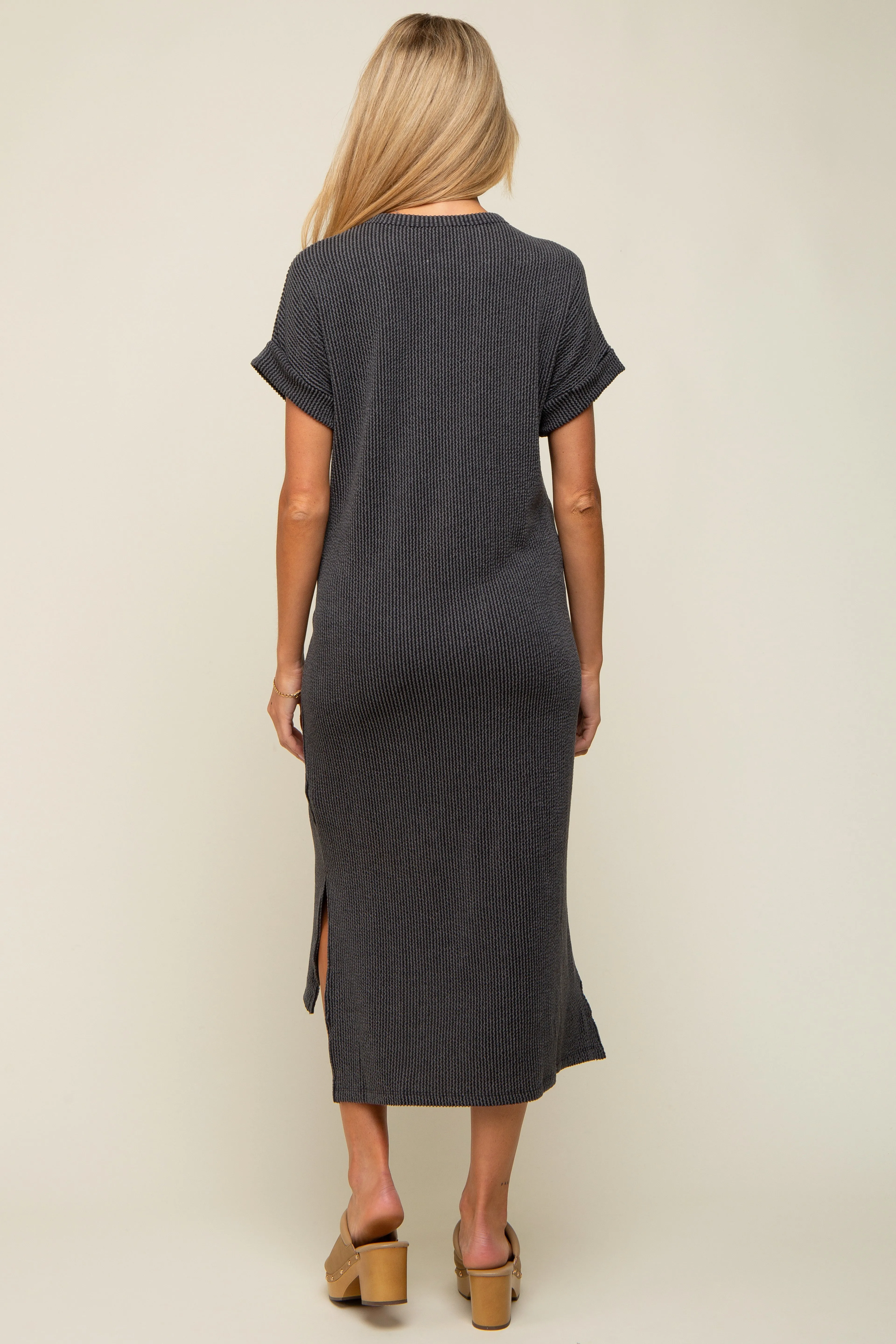 Charcoal Ribbed Short Sleeve Maternity Midi Dress sold by Pinkblush product image thumbnail 3