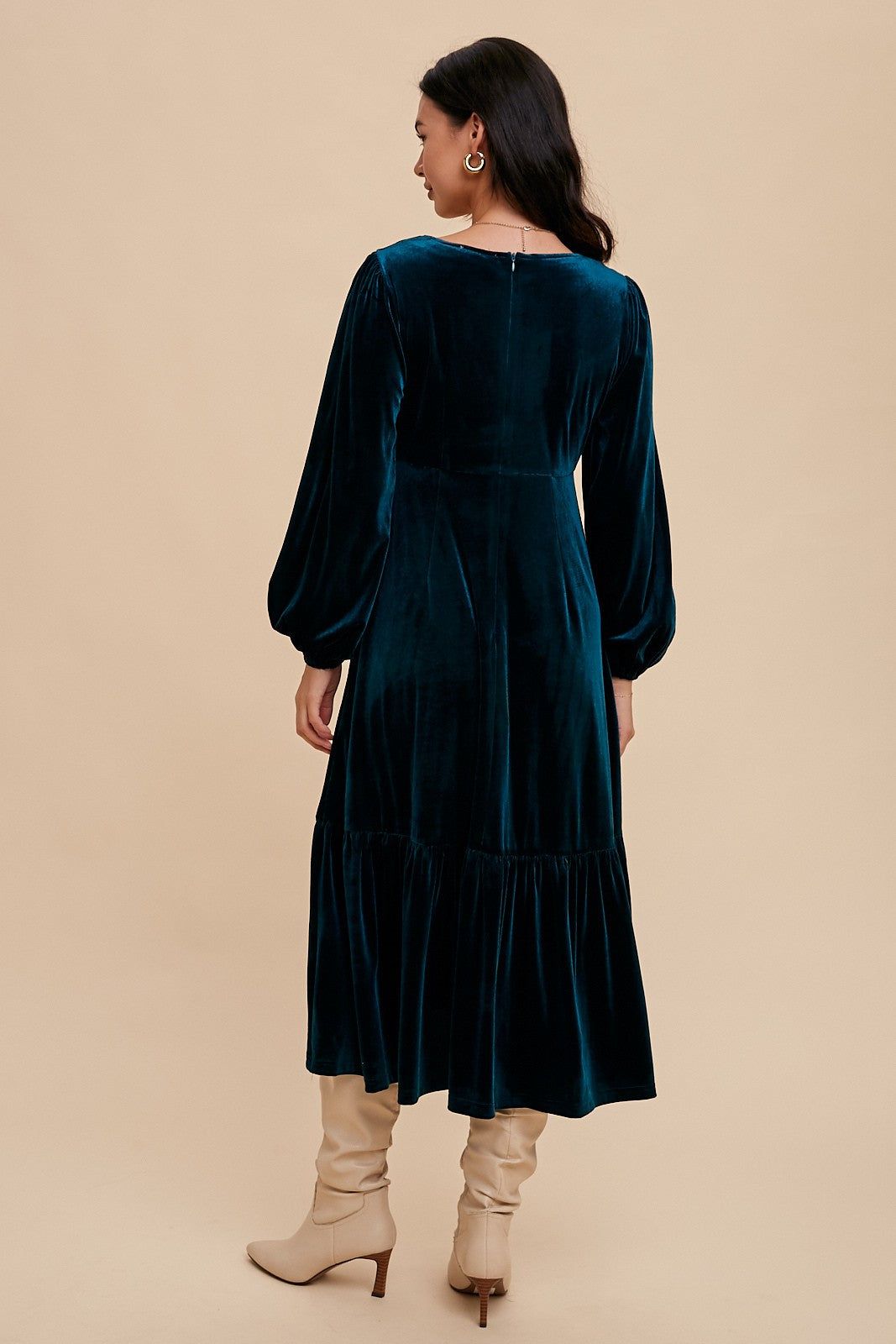 Emerald Green V-Neck Ruffle Hem Velvet Midi Dress sold by Pinkblush product image thumbnail 4