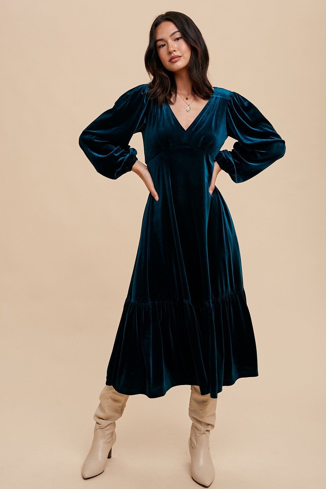 Emerald Green V-Neck Ruffle Hem Velvet Midi Dress sold by Pinkblush