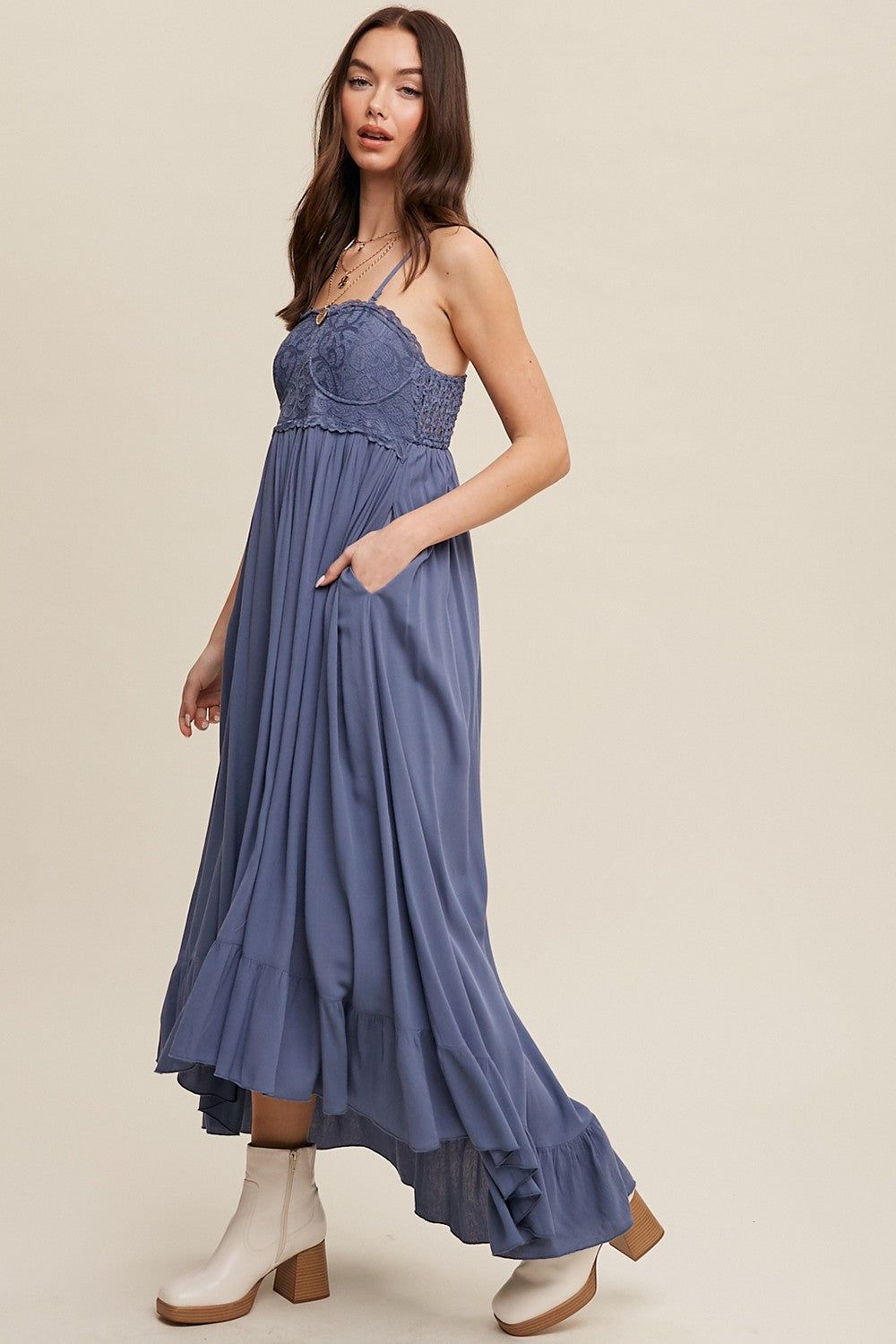 Denim Blue High-Low Knit Lace Dress sold by Pinkblush