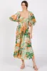 Orange Leaf Print Puff Sleeve Smocked Maternity Midi Dress sold by Pinkblush