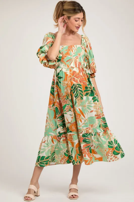 Orange Leaf Print Puff Sleeve Smocked Maternity Midi Dress sold by Pinkblush