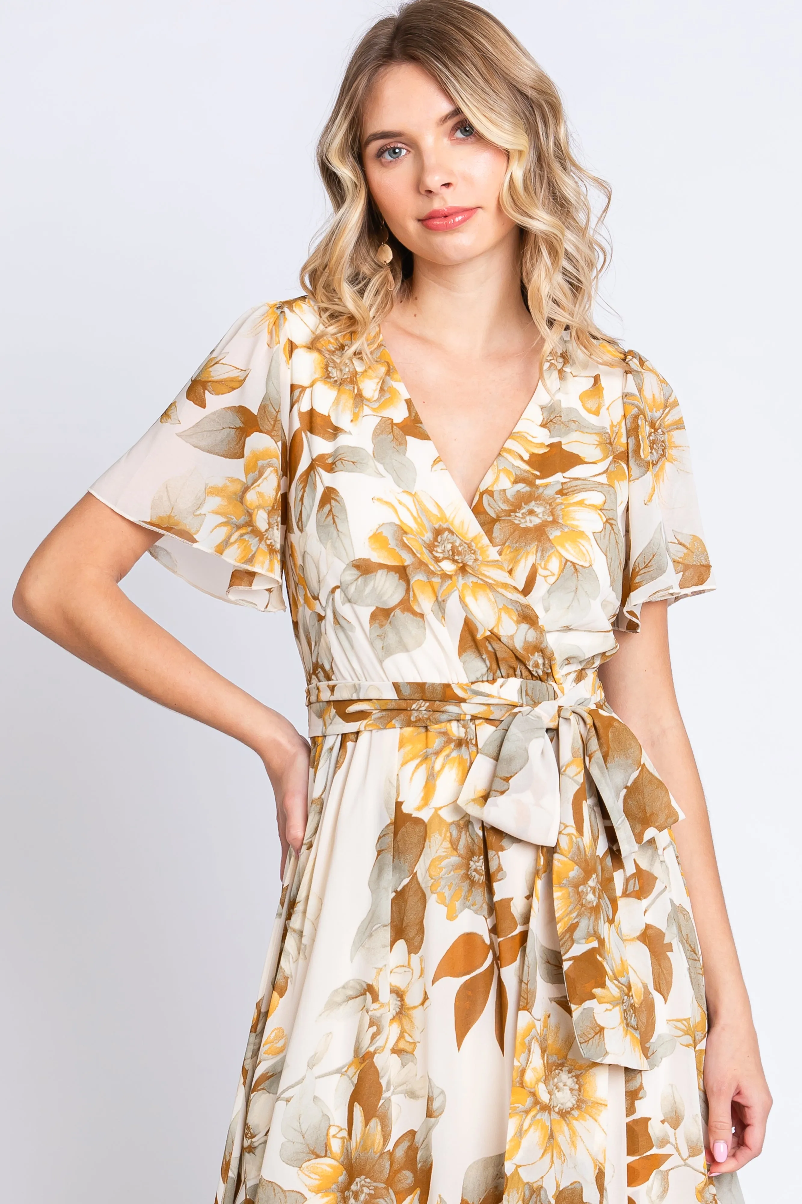 Cream Floral V-Neck Side Slit Dress sold by Pinkblush product image thumbnail 4