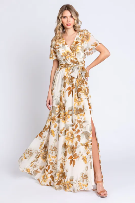 Cream Floral V-Neck Side Slit Dress sold by Pinkblush
