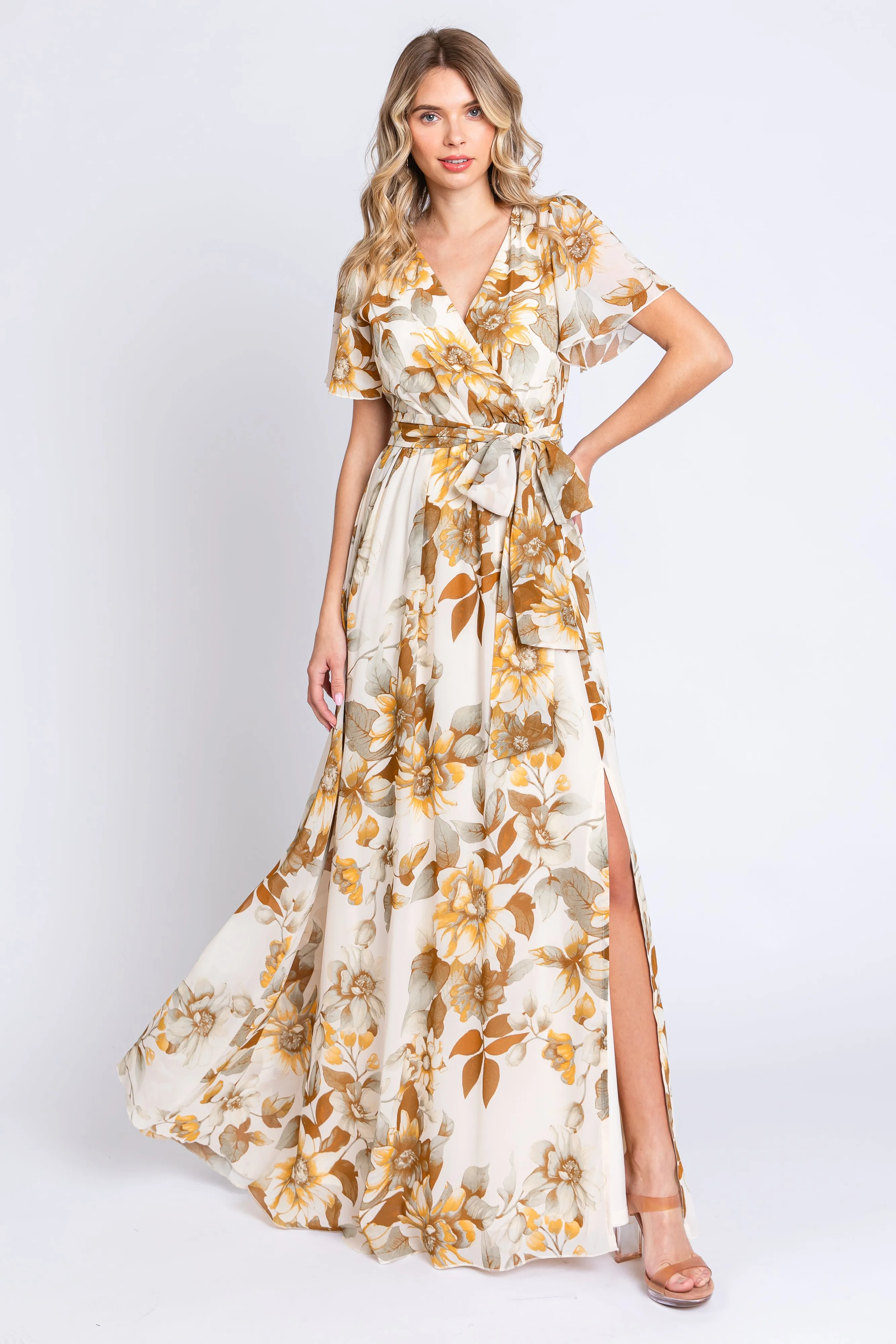 Cream Floral V-Neck Side Slit Dress sold by Pinkblush