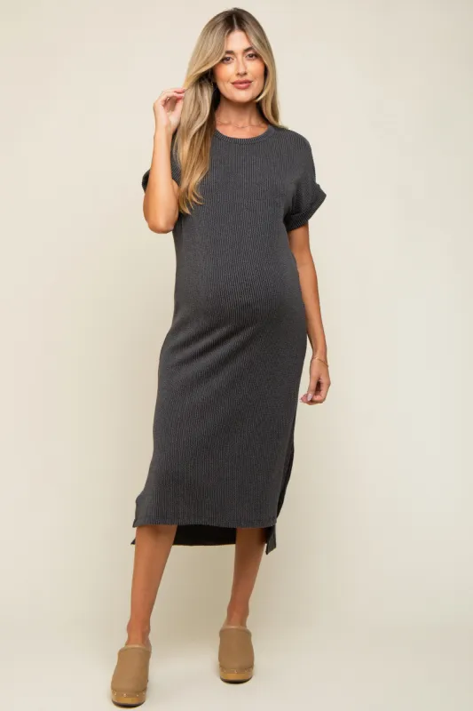 Charcoal Ribbed Short Sleeve Maternity Midi Dress sold by Pinkblush