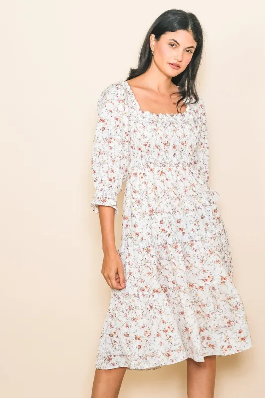 Ivory Floral Smocked Knee Length Dress sold by Pinkblush
