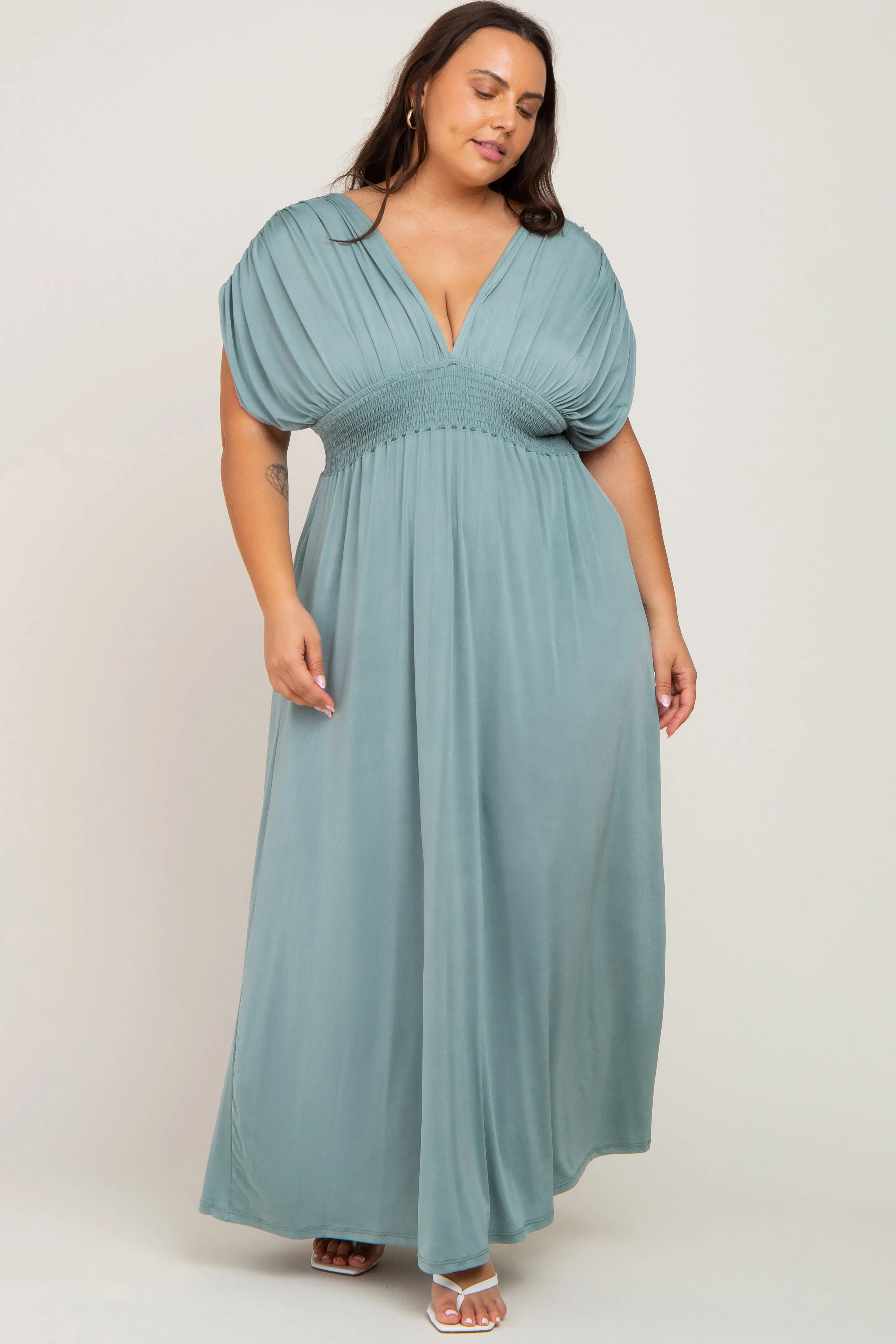 Light Olive Draped Smocked Maternity Plus Maxi Dress sold by Pinkblush product image thumbnail 4
