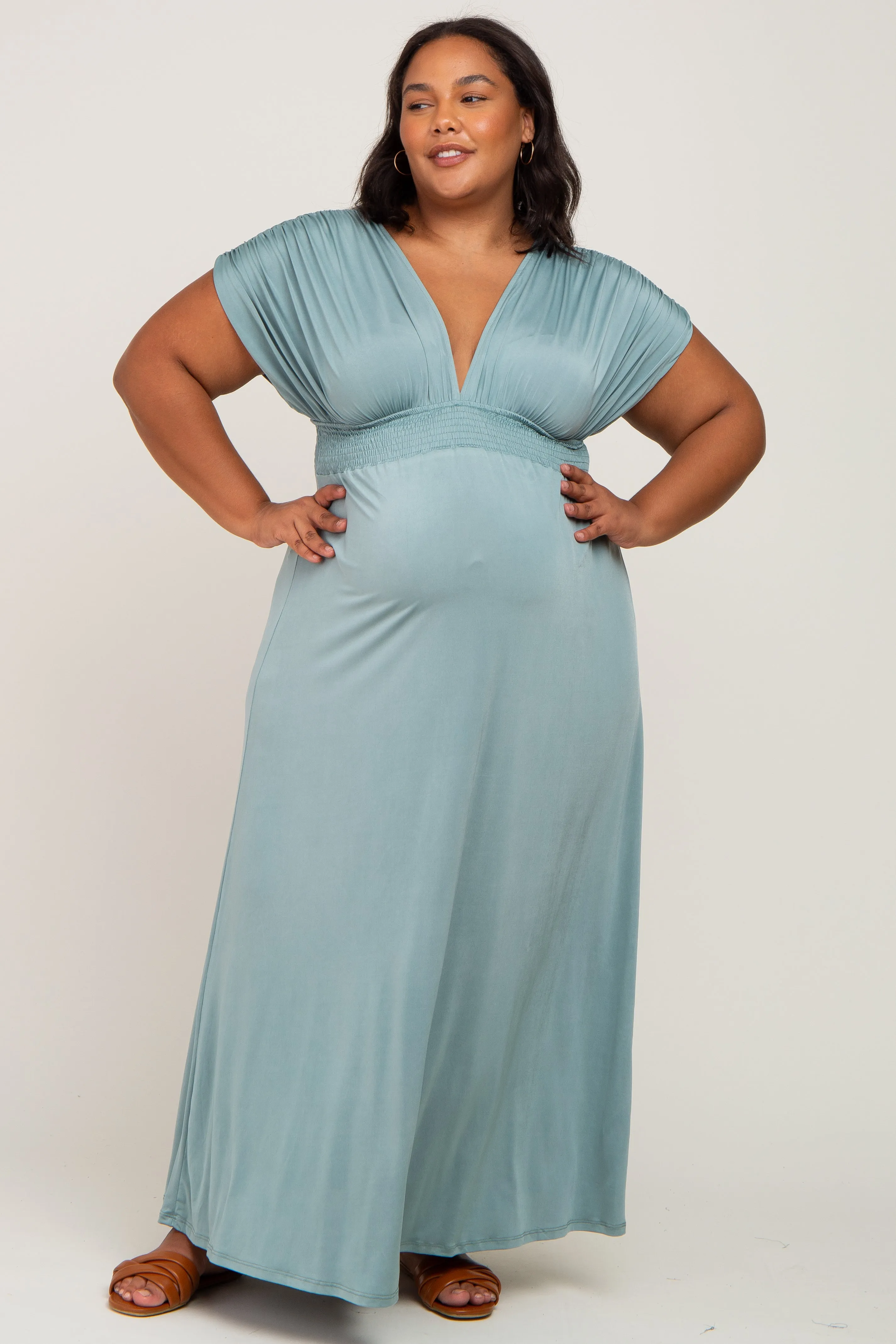 Light Olive Draped Smocked Maternity Plus Maxi Dress sold by Pinkblush