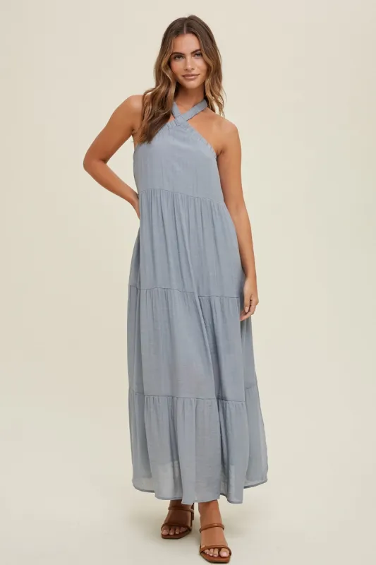 Light Blue Halter Tiered Maxi Dress sold by Pinkblush