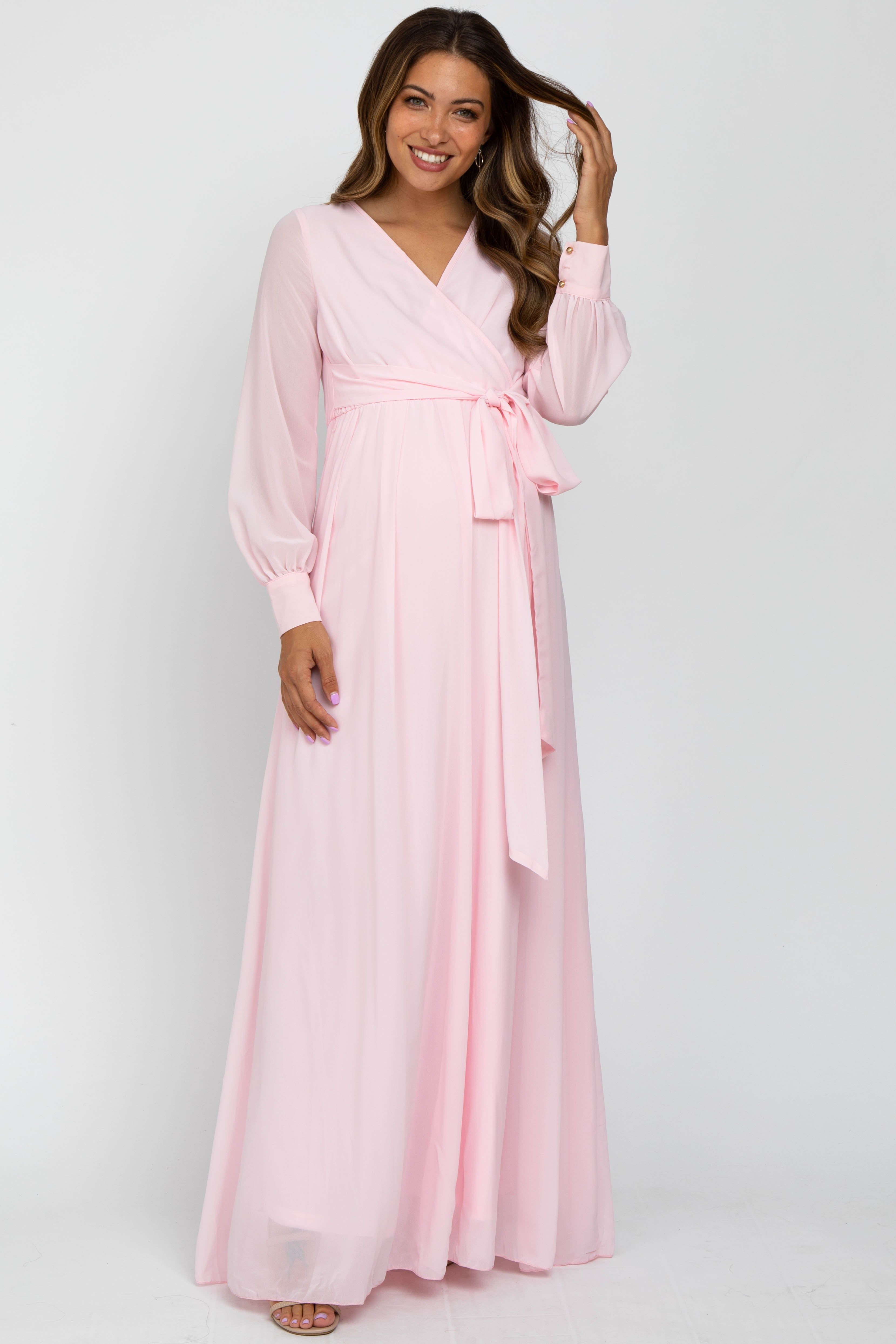 Light Pink Chiffon Long Sleeve Maternity Maxi Dress sold by Pinkblush