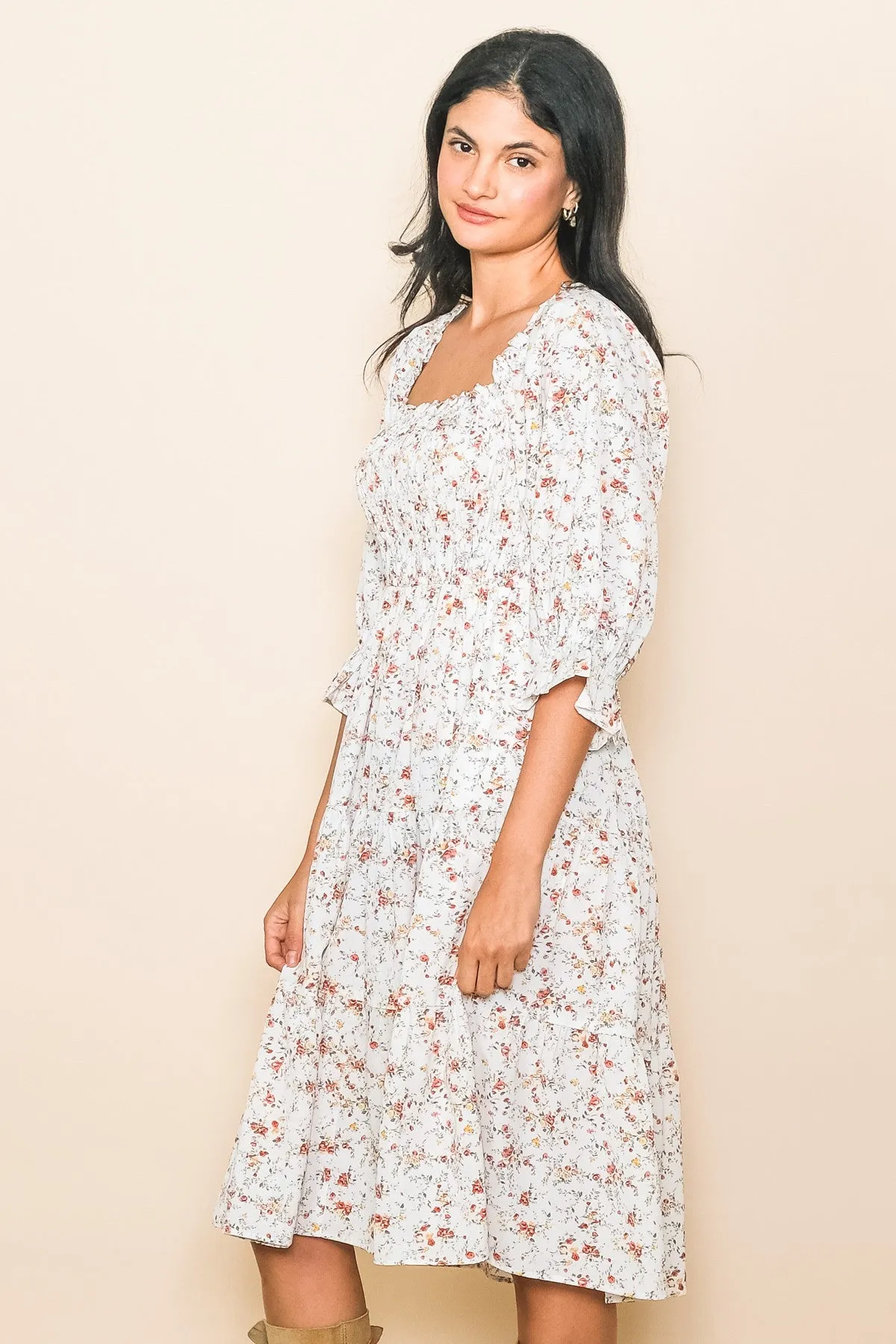 Ivory Floral Smocked Knee Length Dress sold by Pinkblush product image thumbnail 2