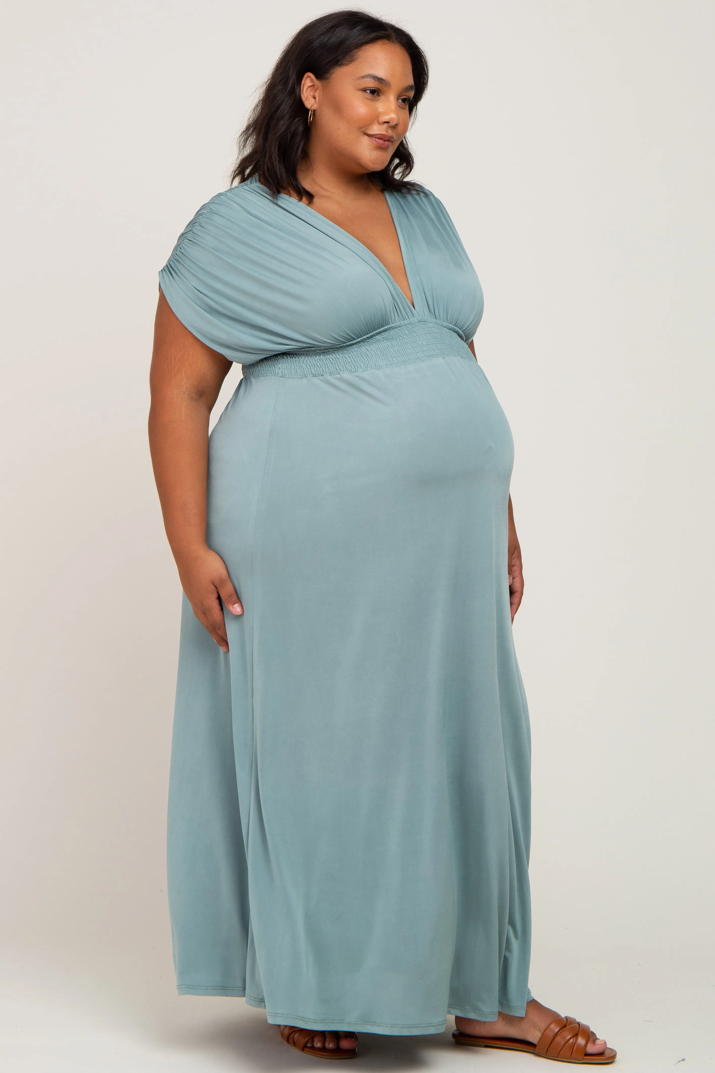 Light Olive Draped Smocked Maternity Plus Maxi Dress sold by Pinkblush product image thumbnail 2