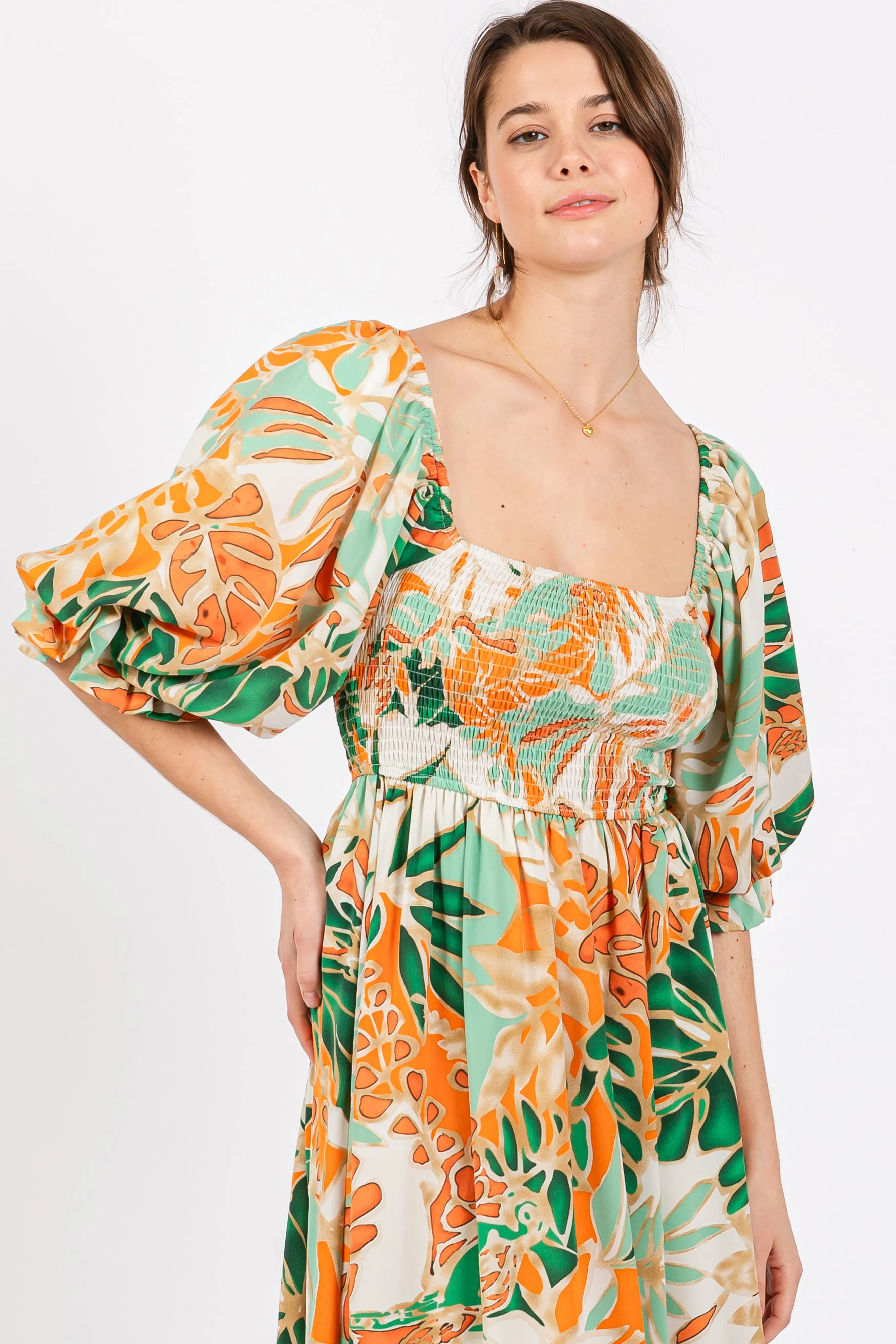 Orange Leaf Print Puff Sleeve Smocked Midi Dress sold by Pinkblush product image thumbnail 4