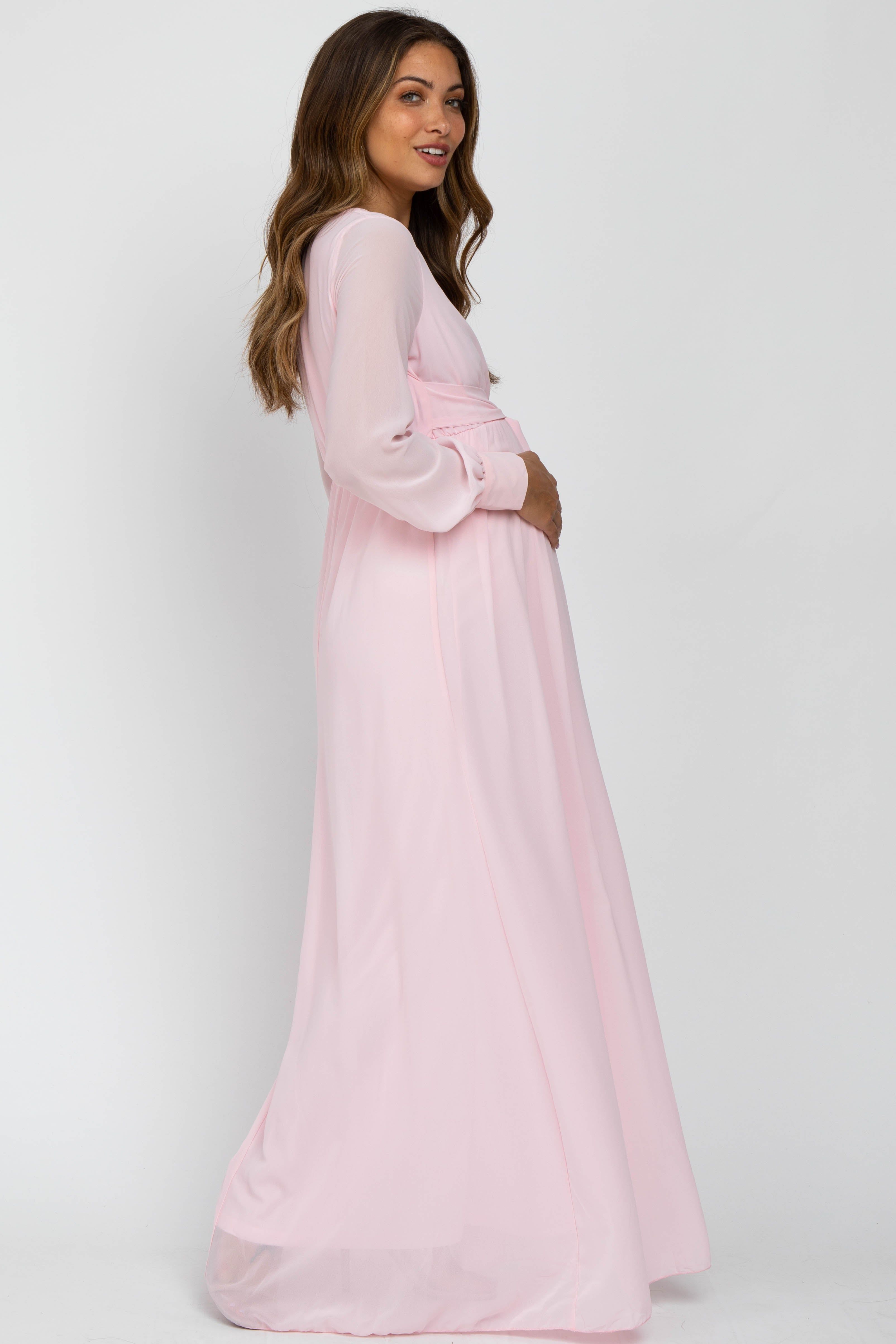 Light Pink Chiffon Long Sleeve Maternity Maxi Dress sold by Pinkblush product image thumbnail 2