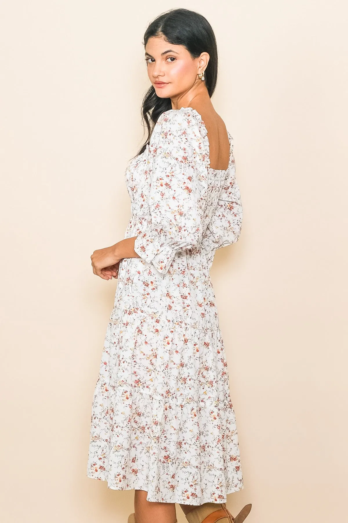 Ivory Floral Smocked Knee Length Dress sold by Pinkblush product image thumbnail 3