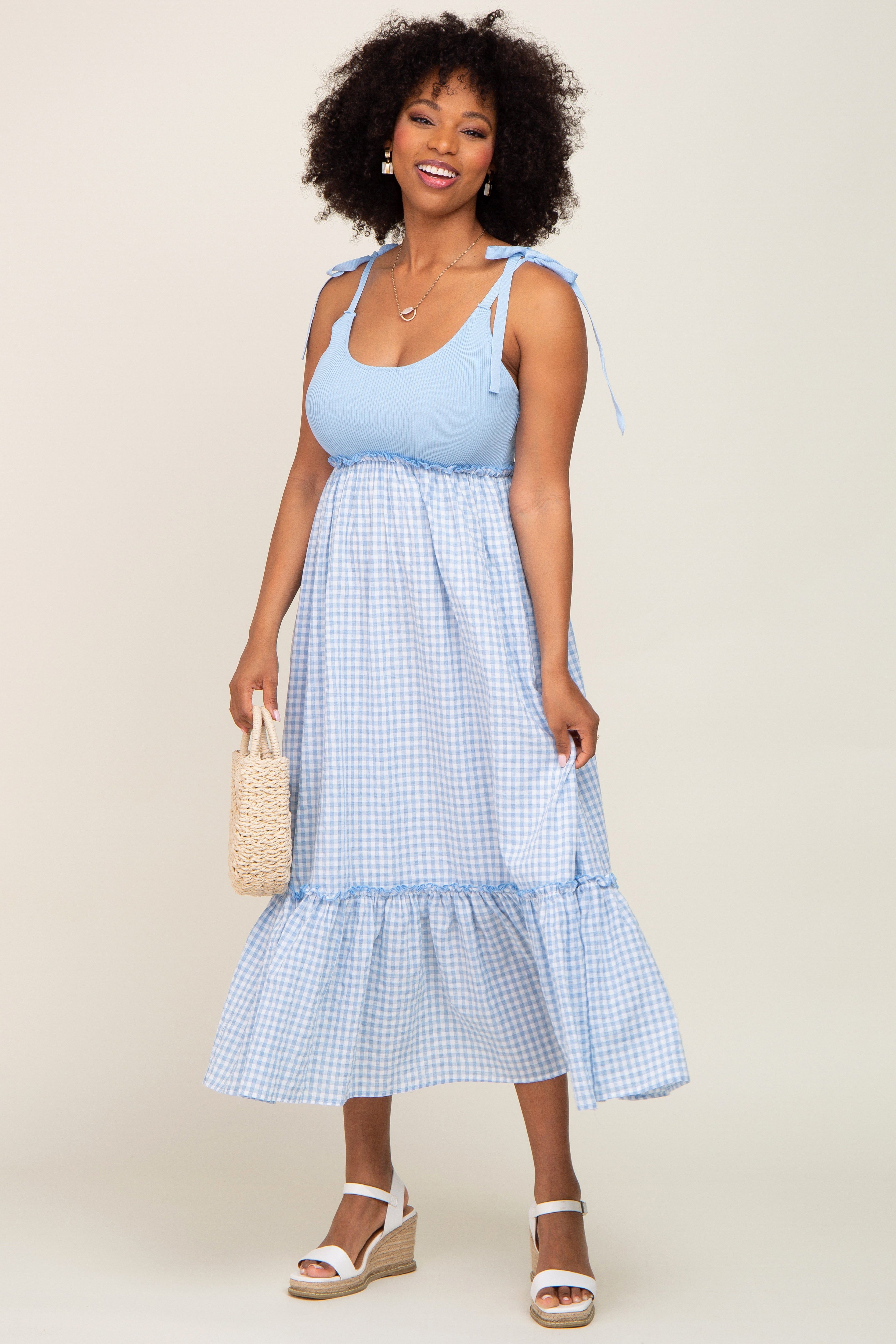 Light Blue Gingham Colorblock Dress sold by Pinkblush